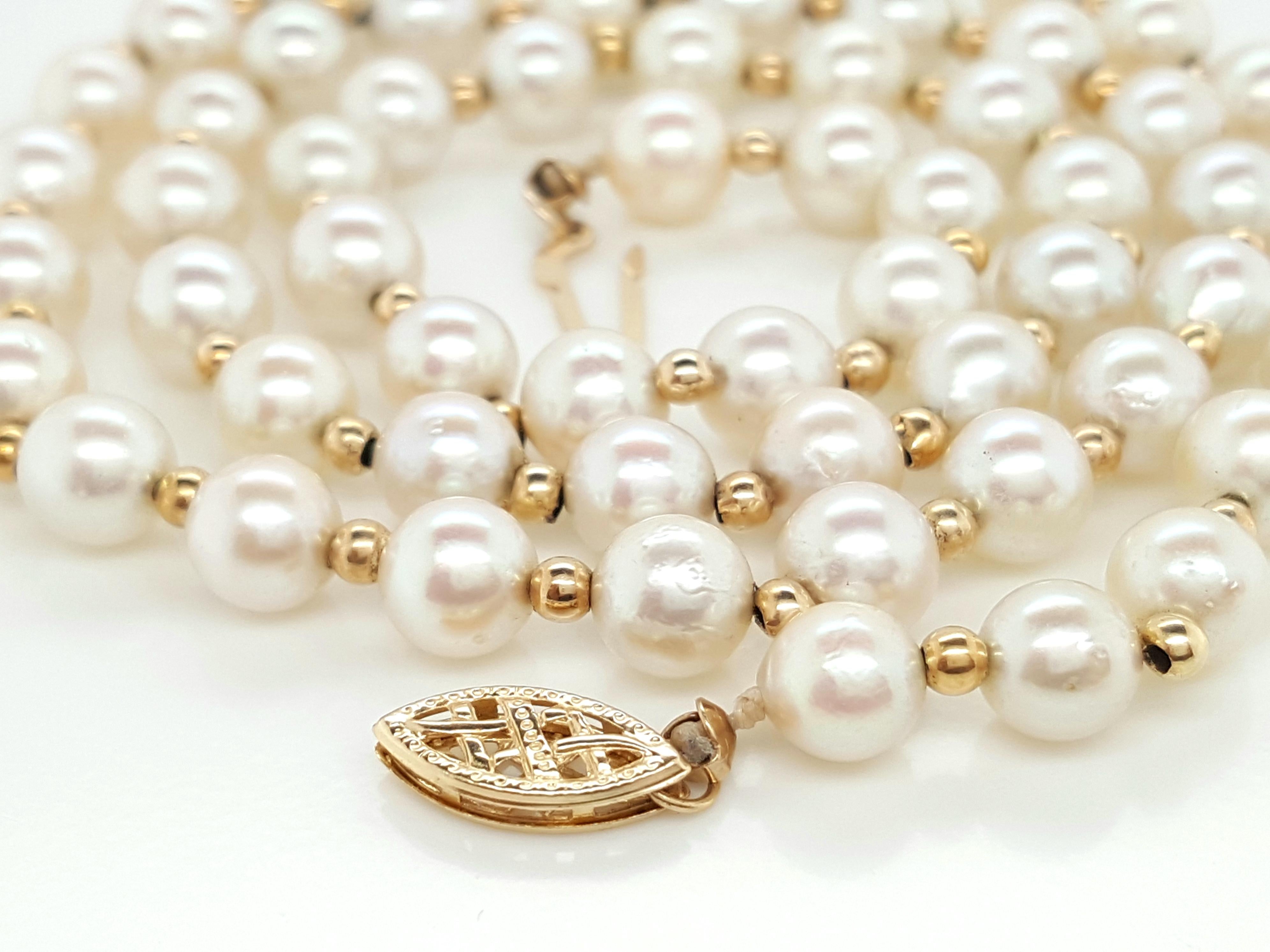 Contemporary Akoya Pearl Strand Accented by 14 Karat Yellow Gold Beads Necklace