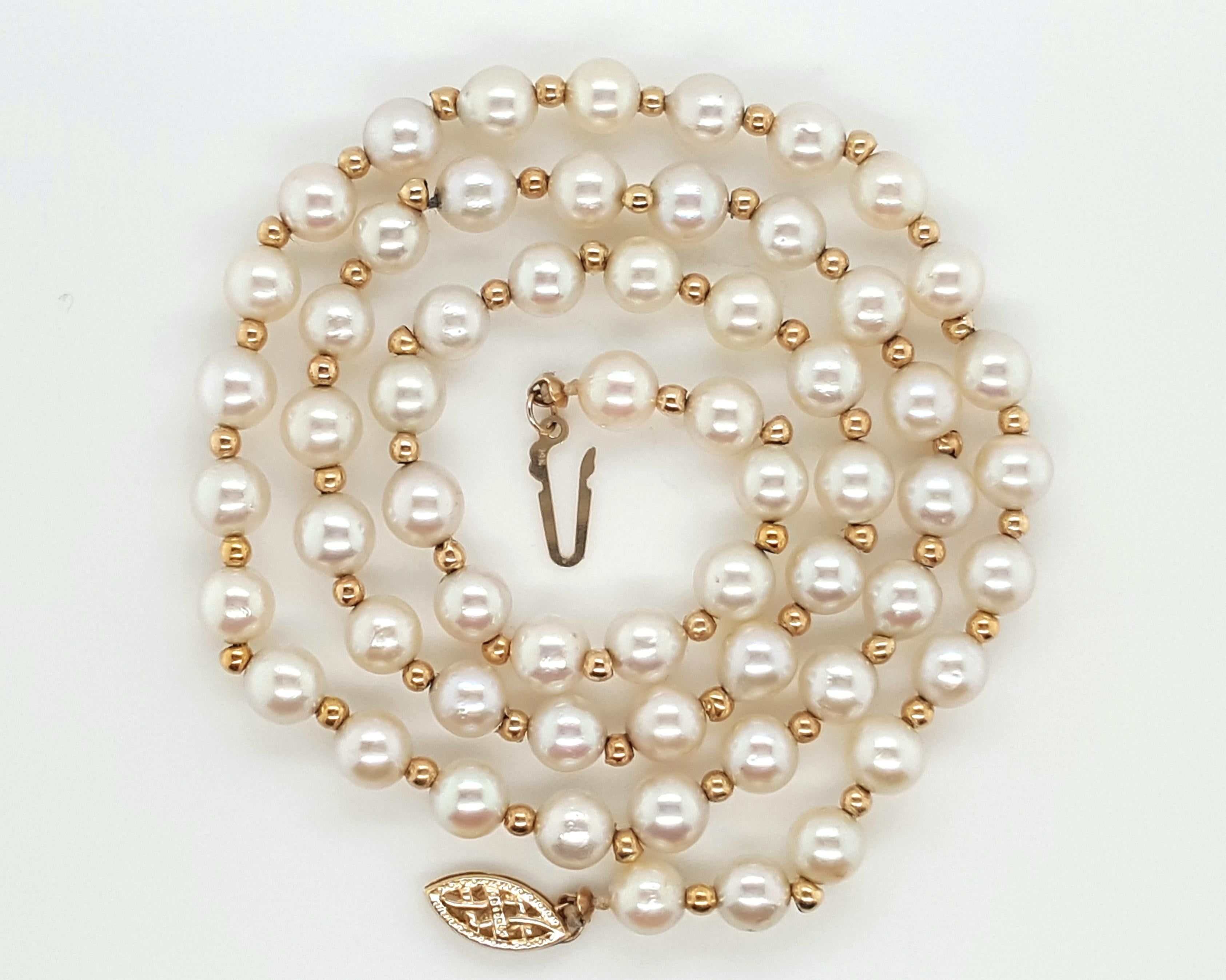 Round Cut Akoya Pearl Strand Accented by 14 Karat Yellow Gold Beads Necklace