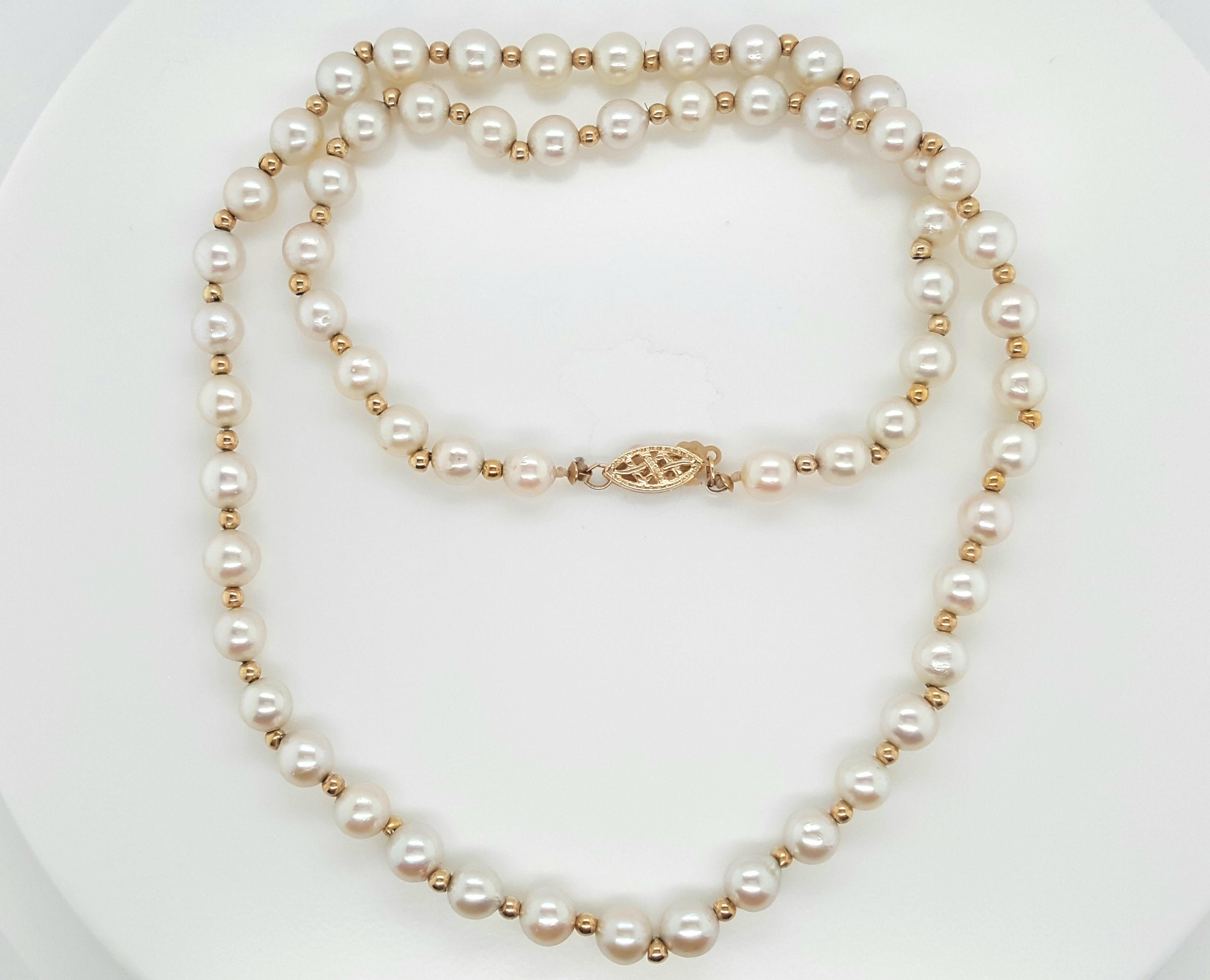 Women's or Men's Akoya Pearl Strand Accented by 14 Karat Yellow Gold Beads Necklace