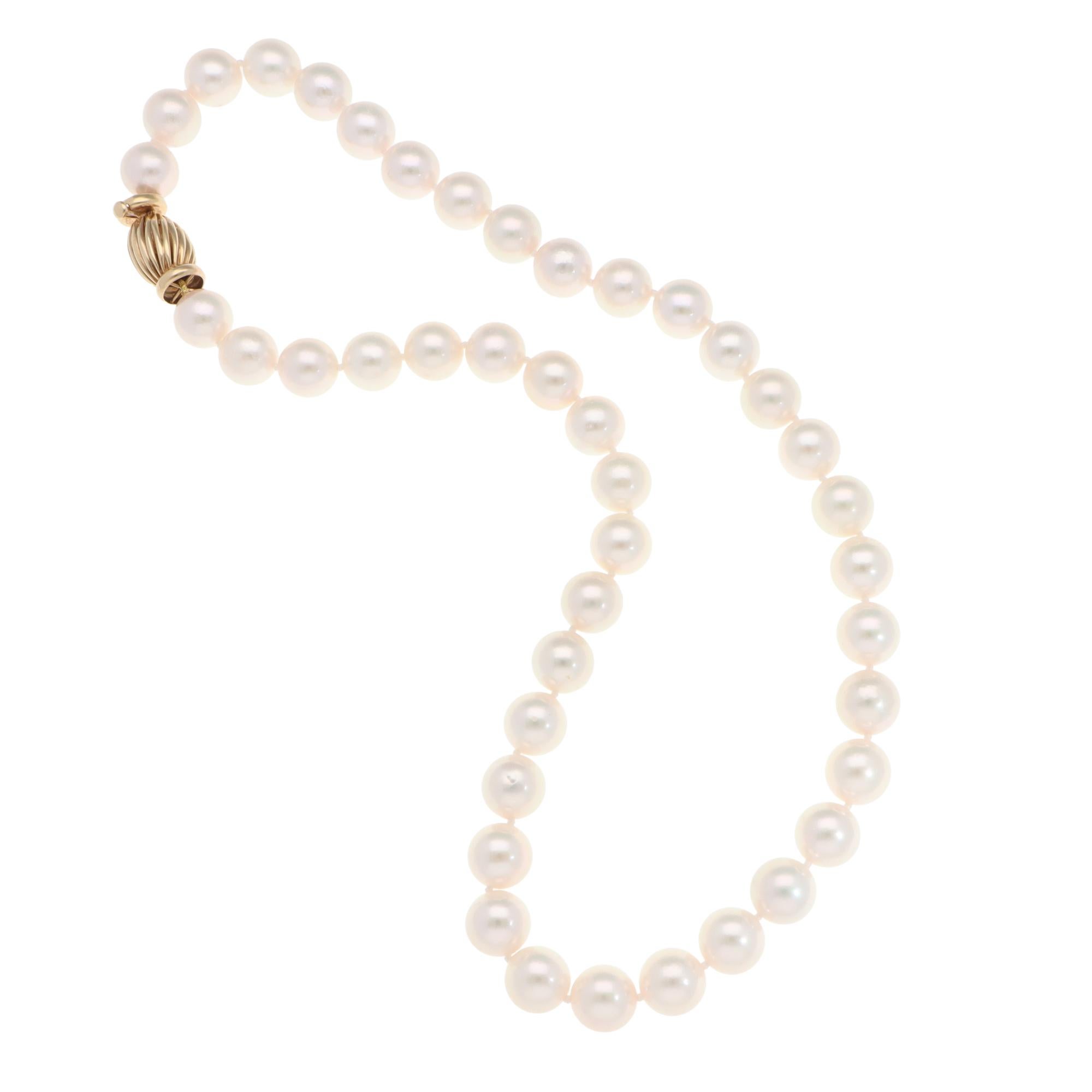 Women's or Men's Akoya Pearl Strand Necklace with Vintage Yellow Gold Clasp For Sale