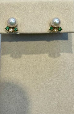 Akoya Pearl Stud Earring with Tiny Diamond & Emerald in 18 Karat Yellow Gold