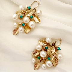 Akoya Pearl & Turquoise Berry Clusters on Leafy 14K Gold Dangle Earrings