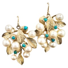 Akoya Pearl & Turquoise Berry Clusters on Leafy 14K Gold Dangle Earrings