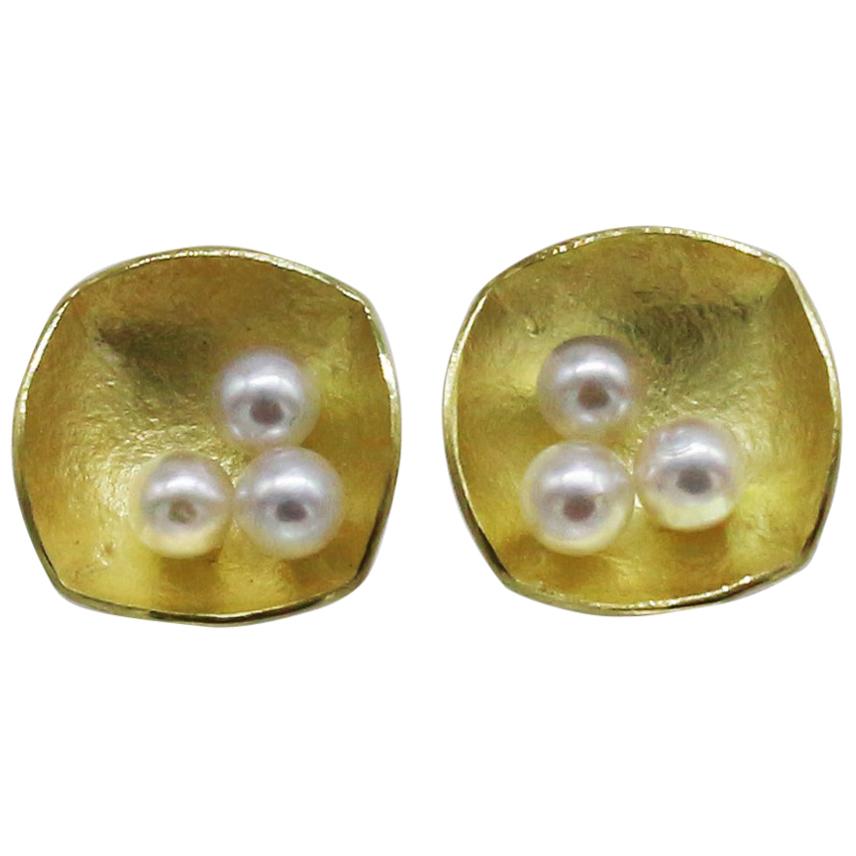 Akoya Pearls 18 Karat Yellow Gold Square Studs Earrings Kayo Saito For Sale
