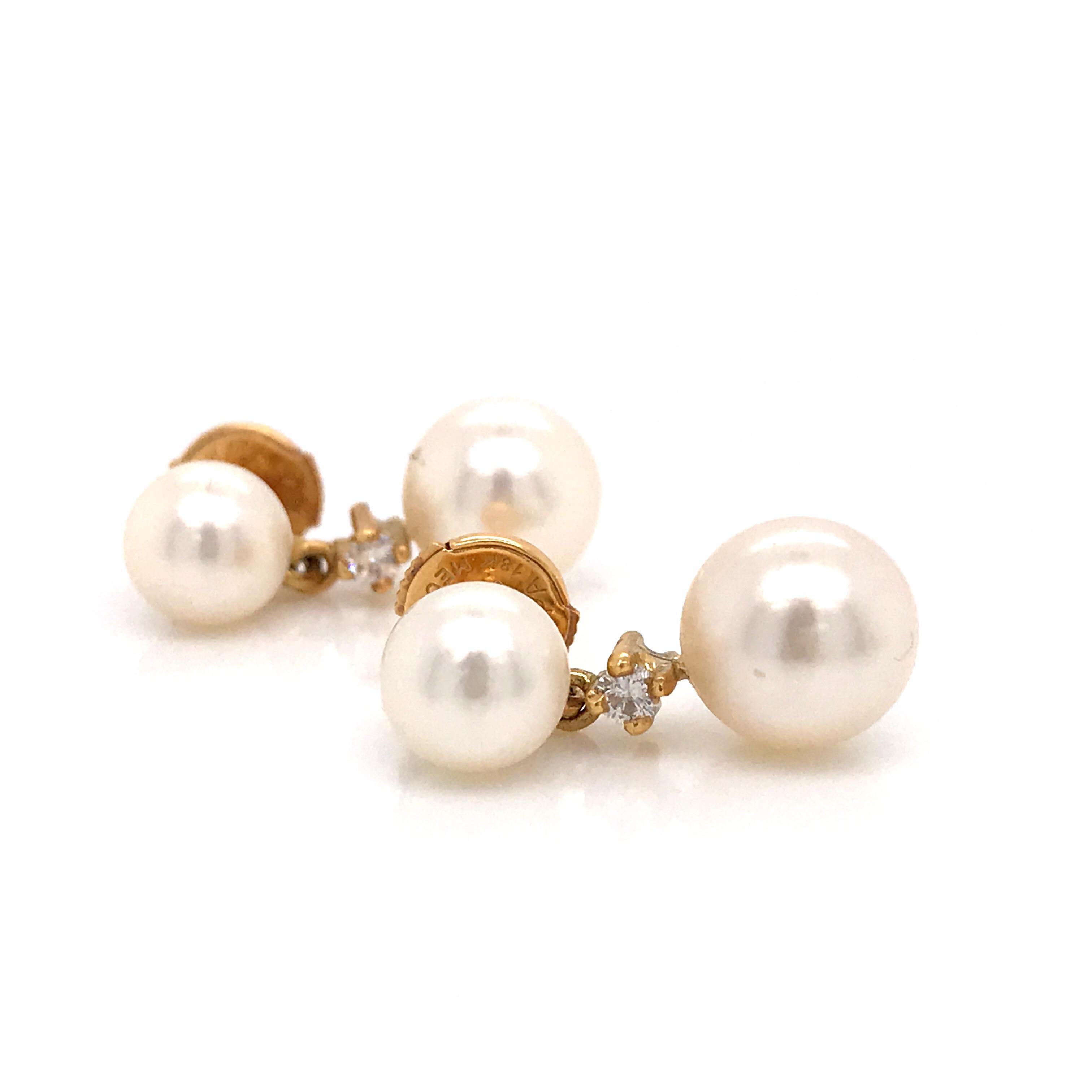 Contemporary Akoya Pearls and Diamonds on Yellow Gold 18 Karat Stud Earrings