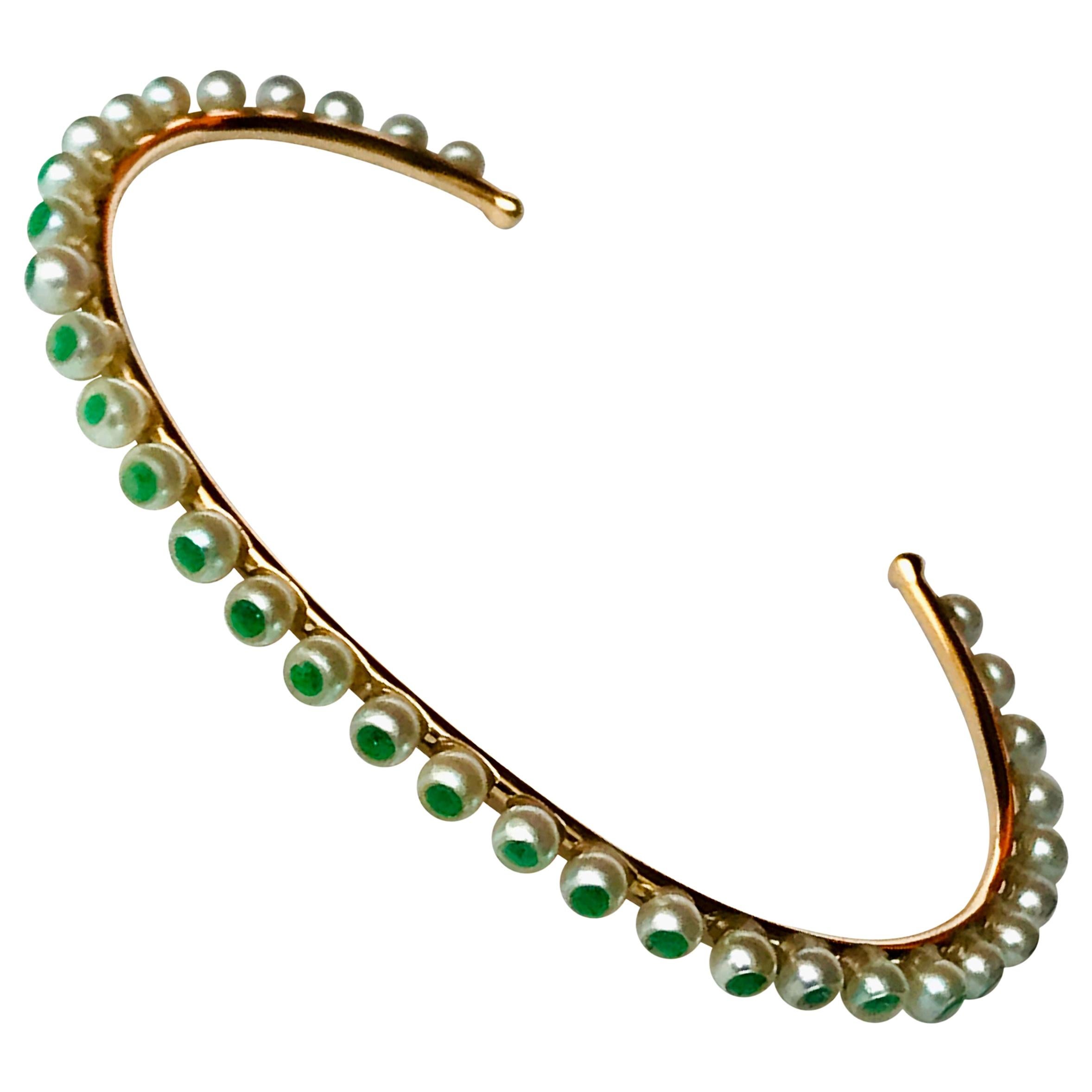 Akoya Pearls and Emeralds 18 Karat Rose Gold thin Bracelet