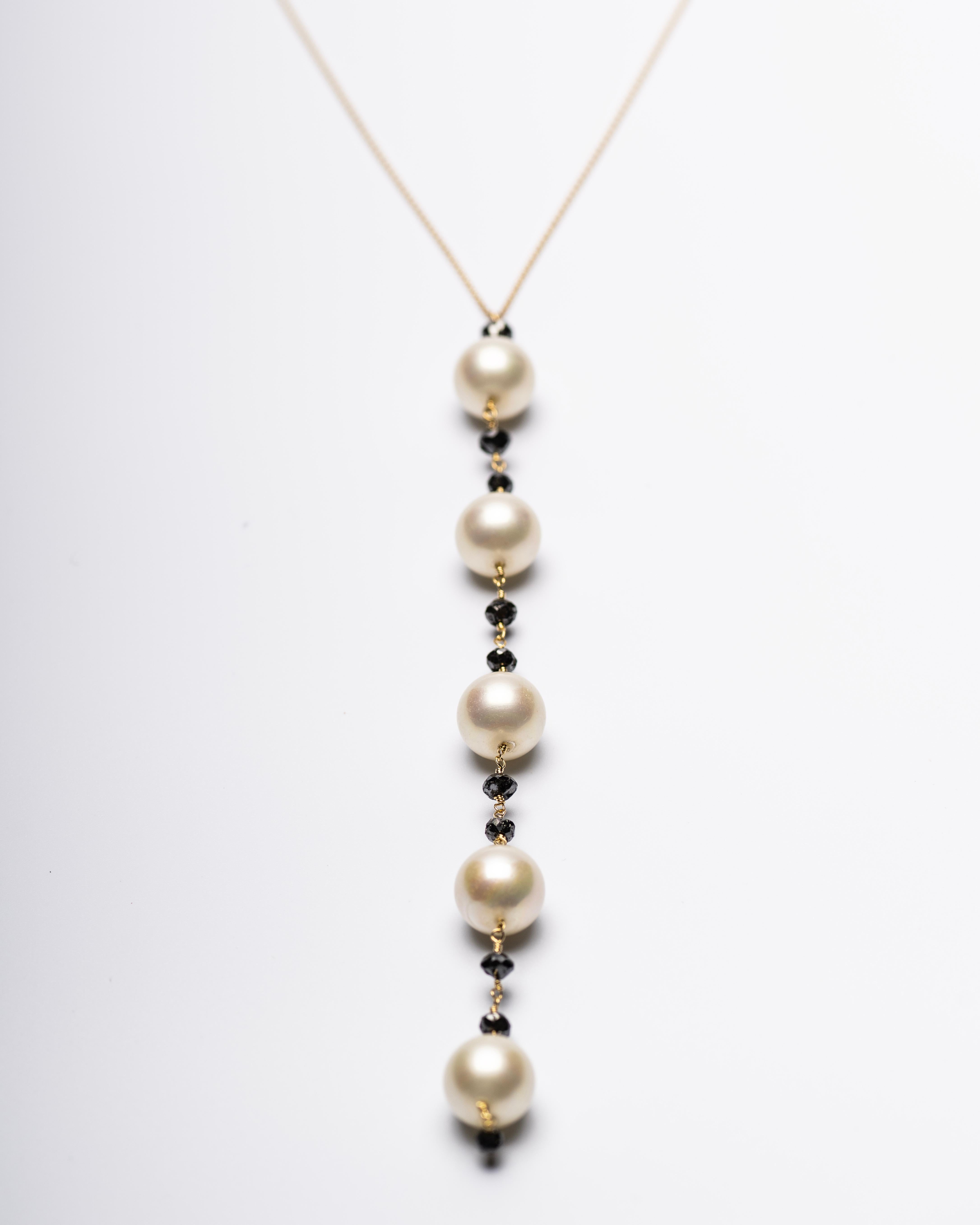 Women's or Men's Akoya Pearls & Black Diamonds Drop Necklace in 18K Yellow Gold For Sale