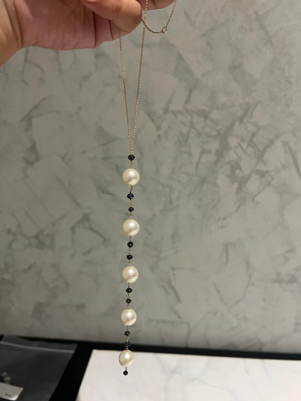 Akoya Pearls & Black Diamonds Drop Necklace in 18K Yellow Gold For Sale 3