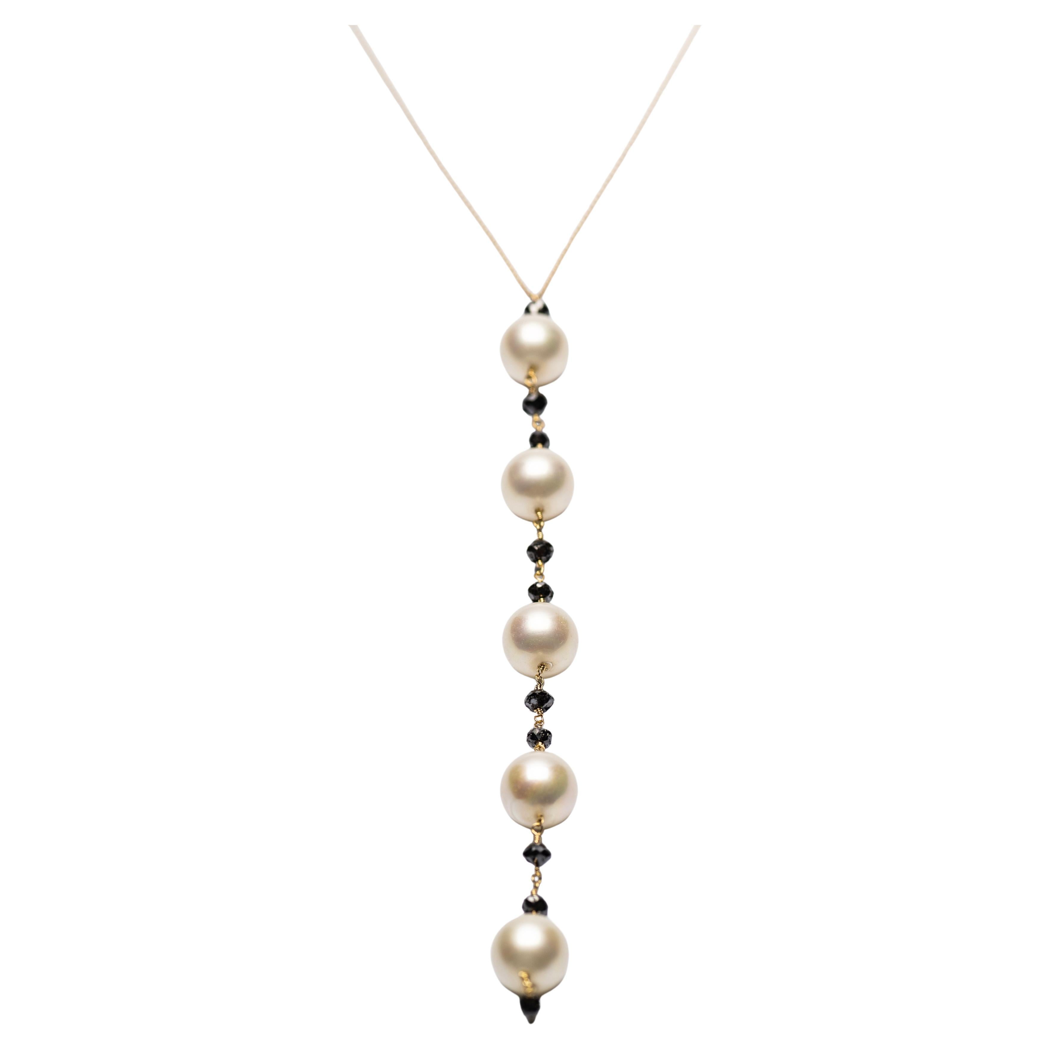 Akoya Pearls & Black Diamonds Drop Necklace in 18K Yellow Gold