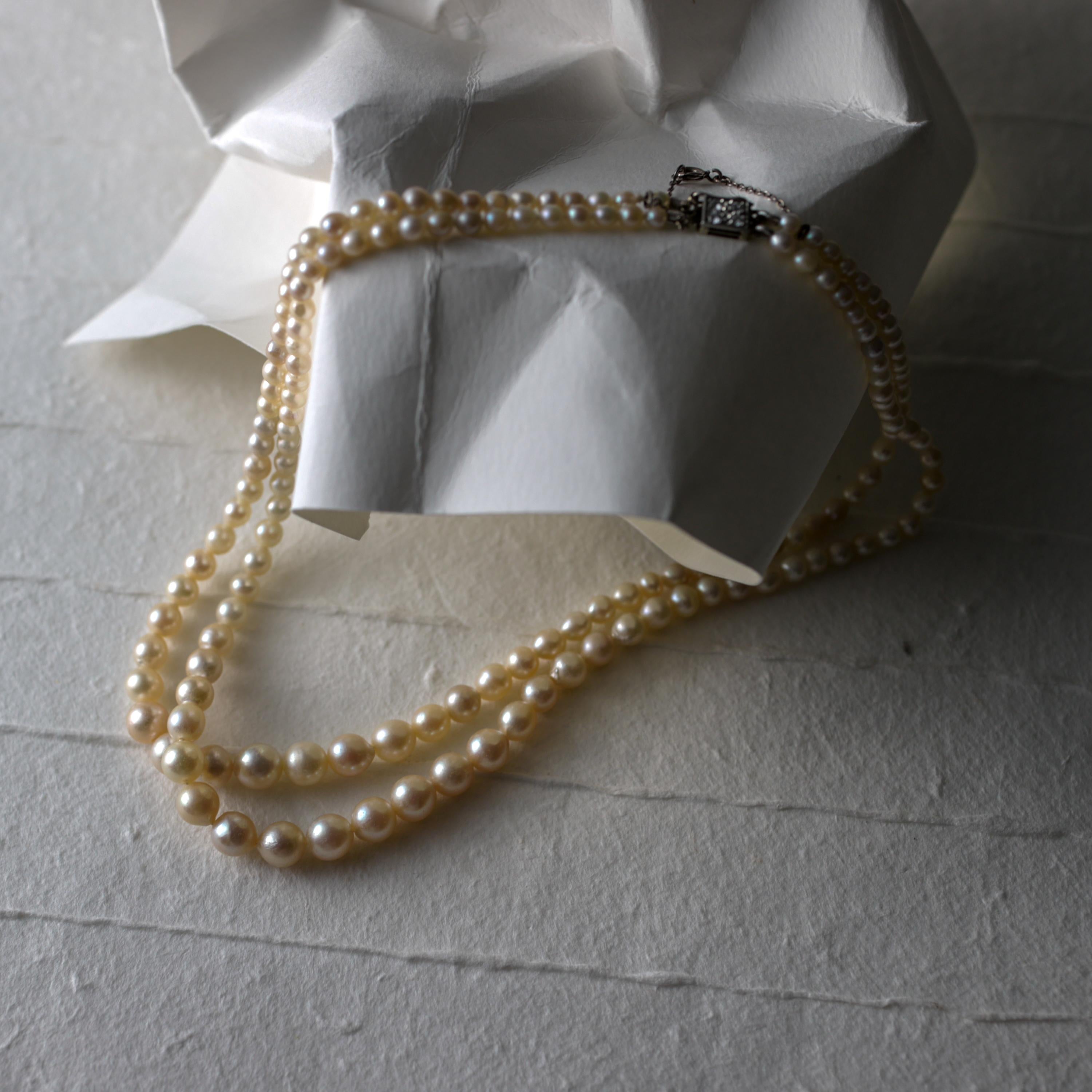 Akoya Pearls, Double Strand, Diamond Clasp, French Art Deco; GIA Cert, 16
