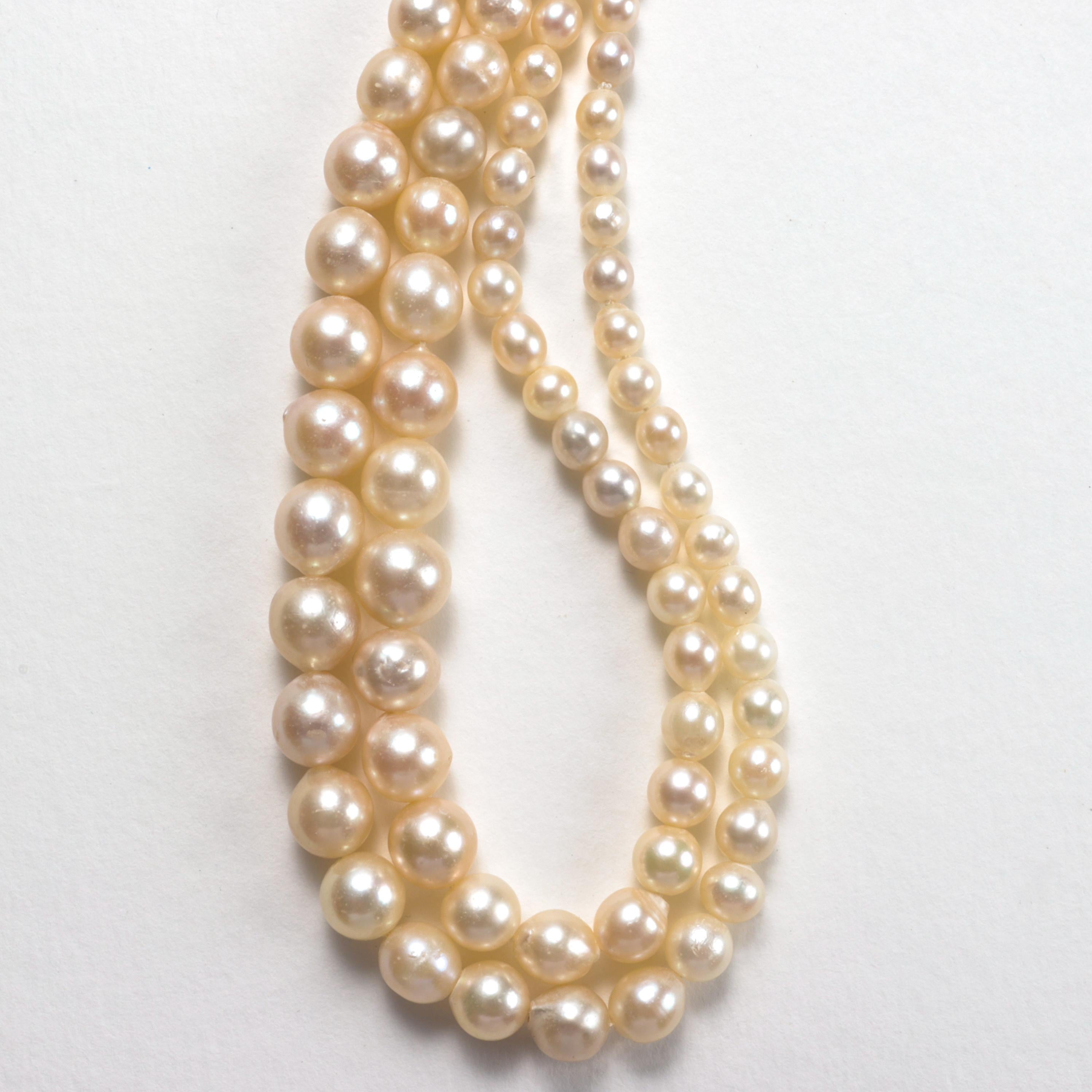 Akoya Pearls, Double Strand, Diamond Clasp, French Art Deco; GIA Cert, 16