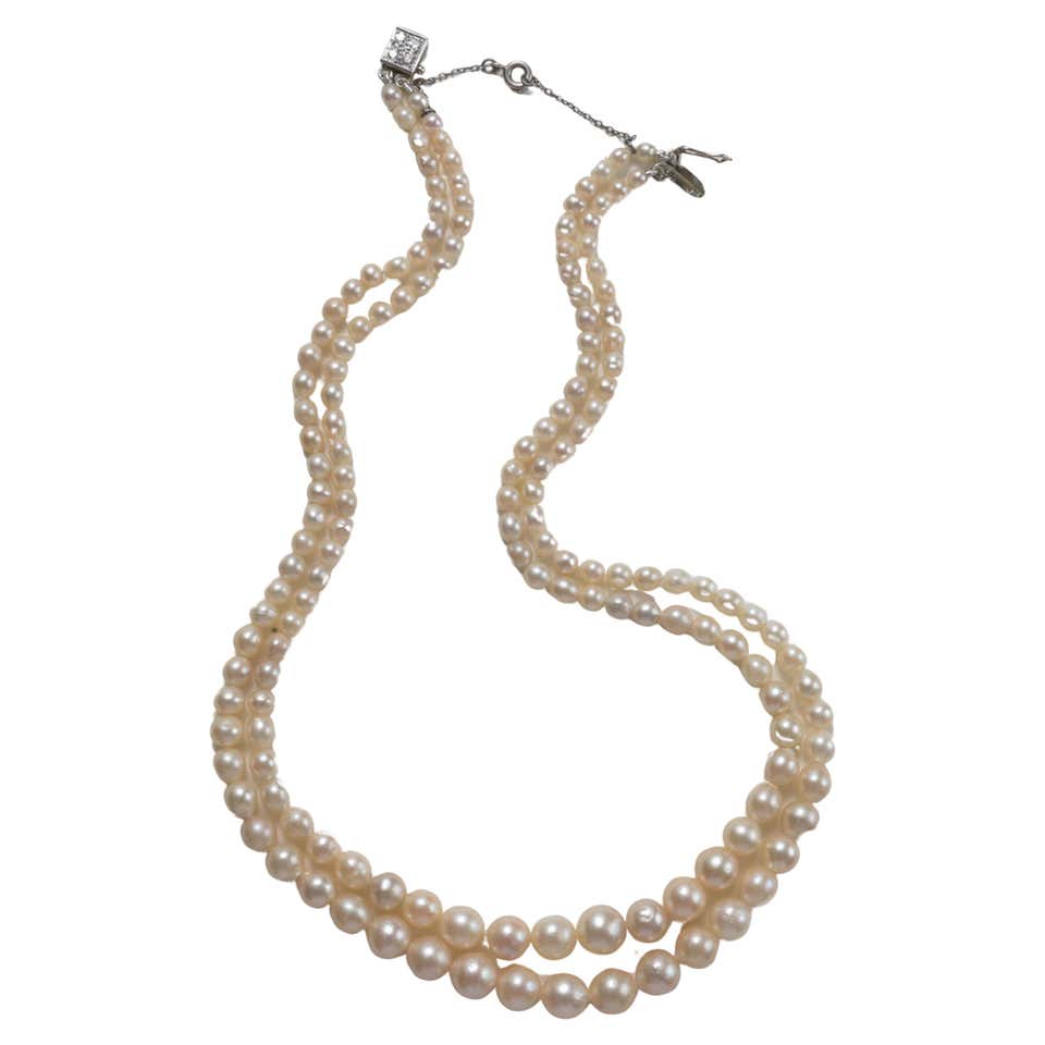 Two Pearls Double Strand Pearl with Diamond and Emerald Clasp Necklace For Sale at ...