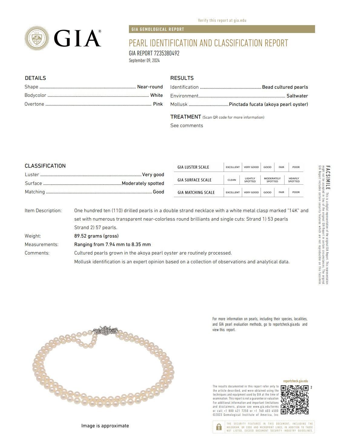 Moderniste AKOYA PEARLS Collier à double rang certifié par leGIA en or 14 carats avec diamants en vente