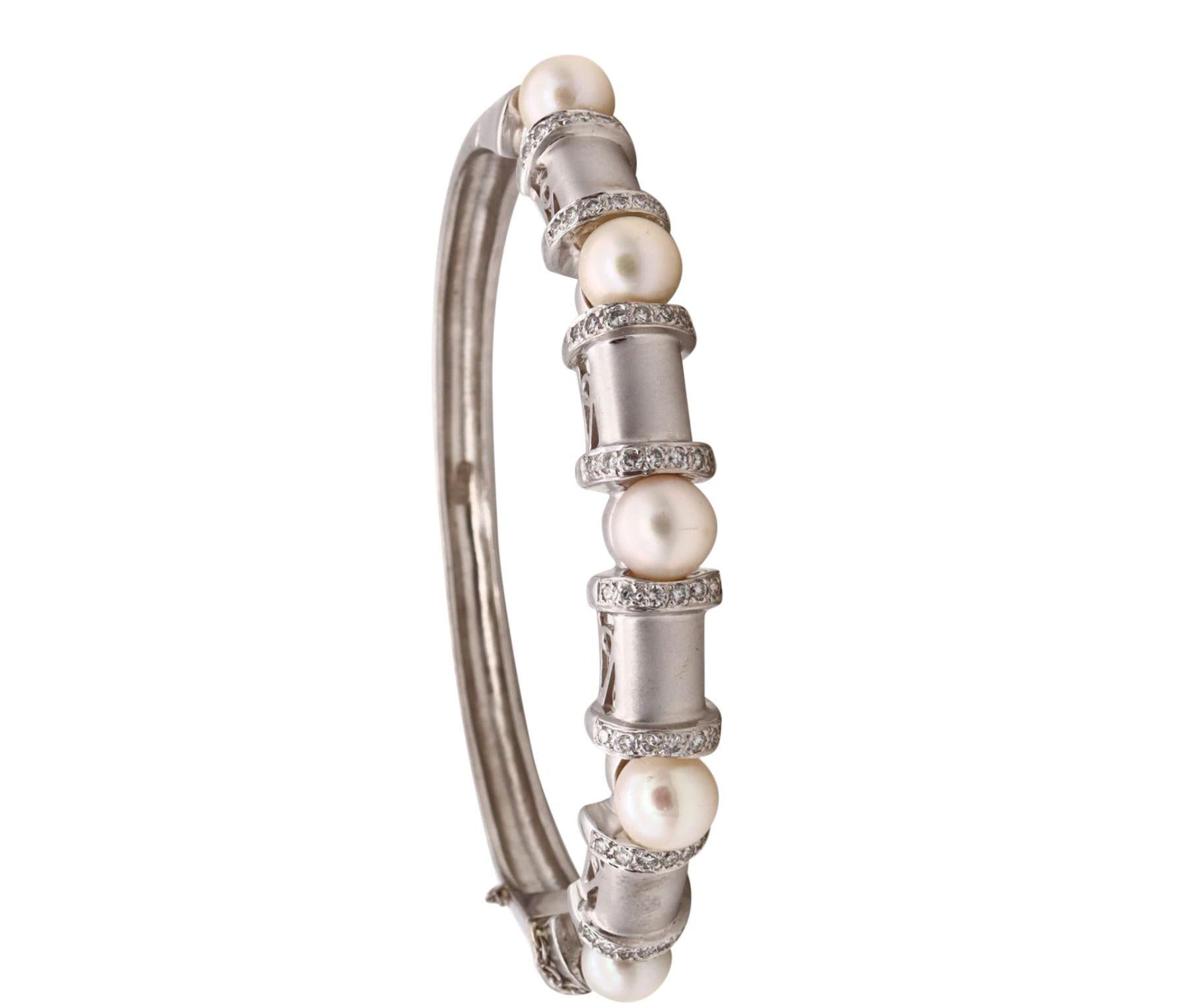 Akoya Pearls Modern Bangle Bracelet in 14 Kt White Gold with VS Diamonds For Sale 2