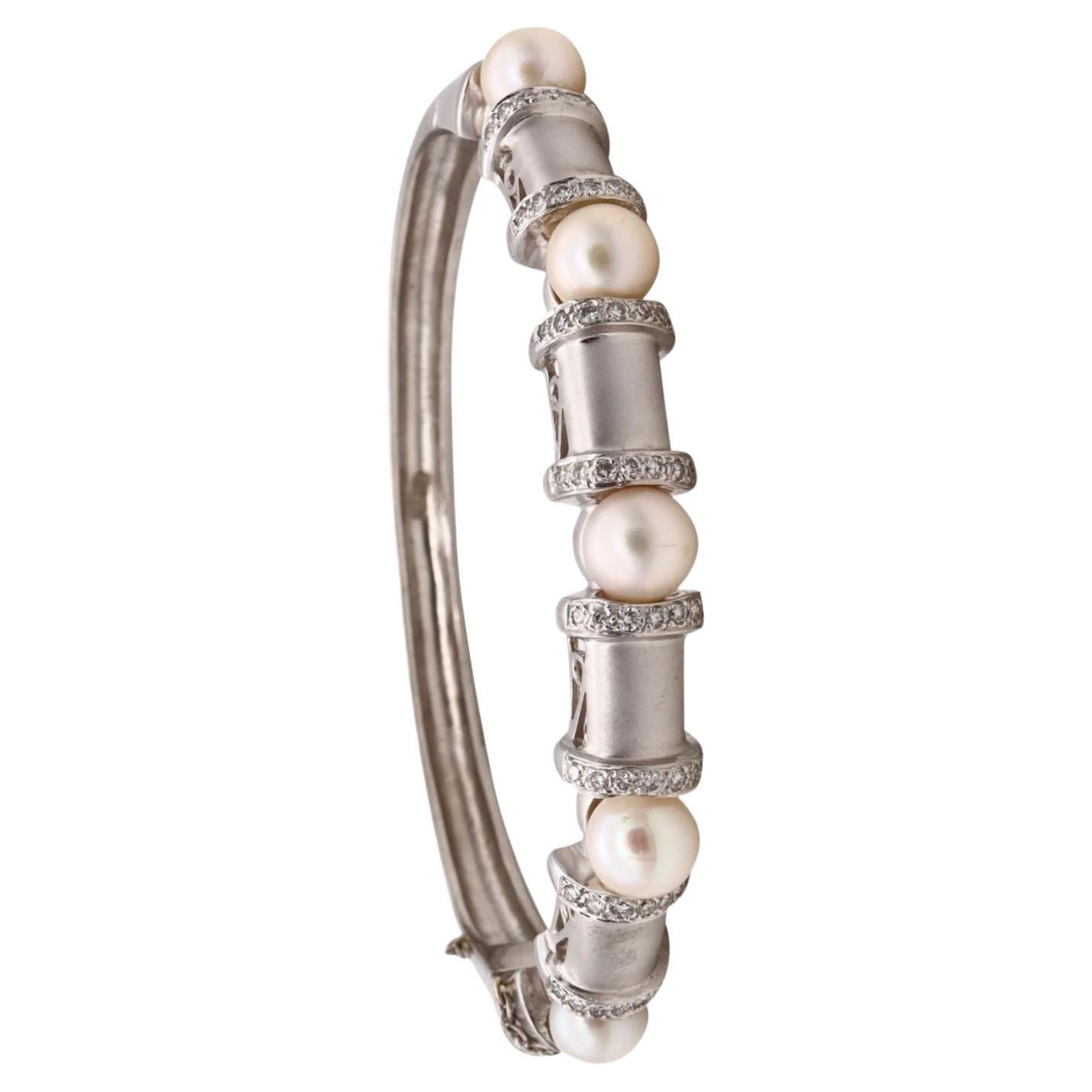 Akoya Pearls Modern Bangle Bracelet in 14 Kt White Gold with VS Diamonds For Sale