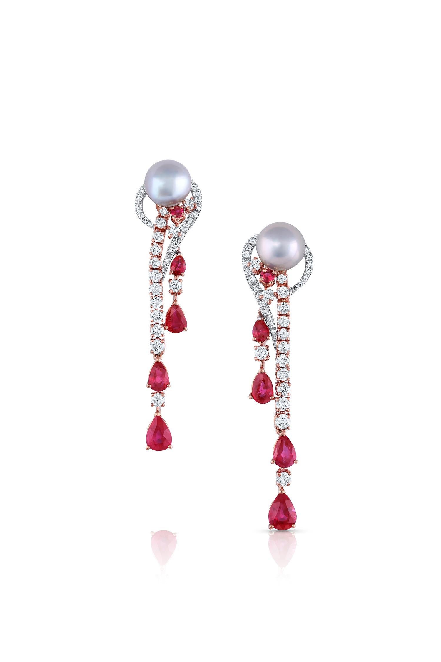Pear Cut Contemporary Akoya Pearls & Ruby Earrings in 18K White Gold  For Sale
