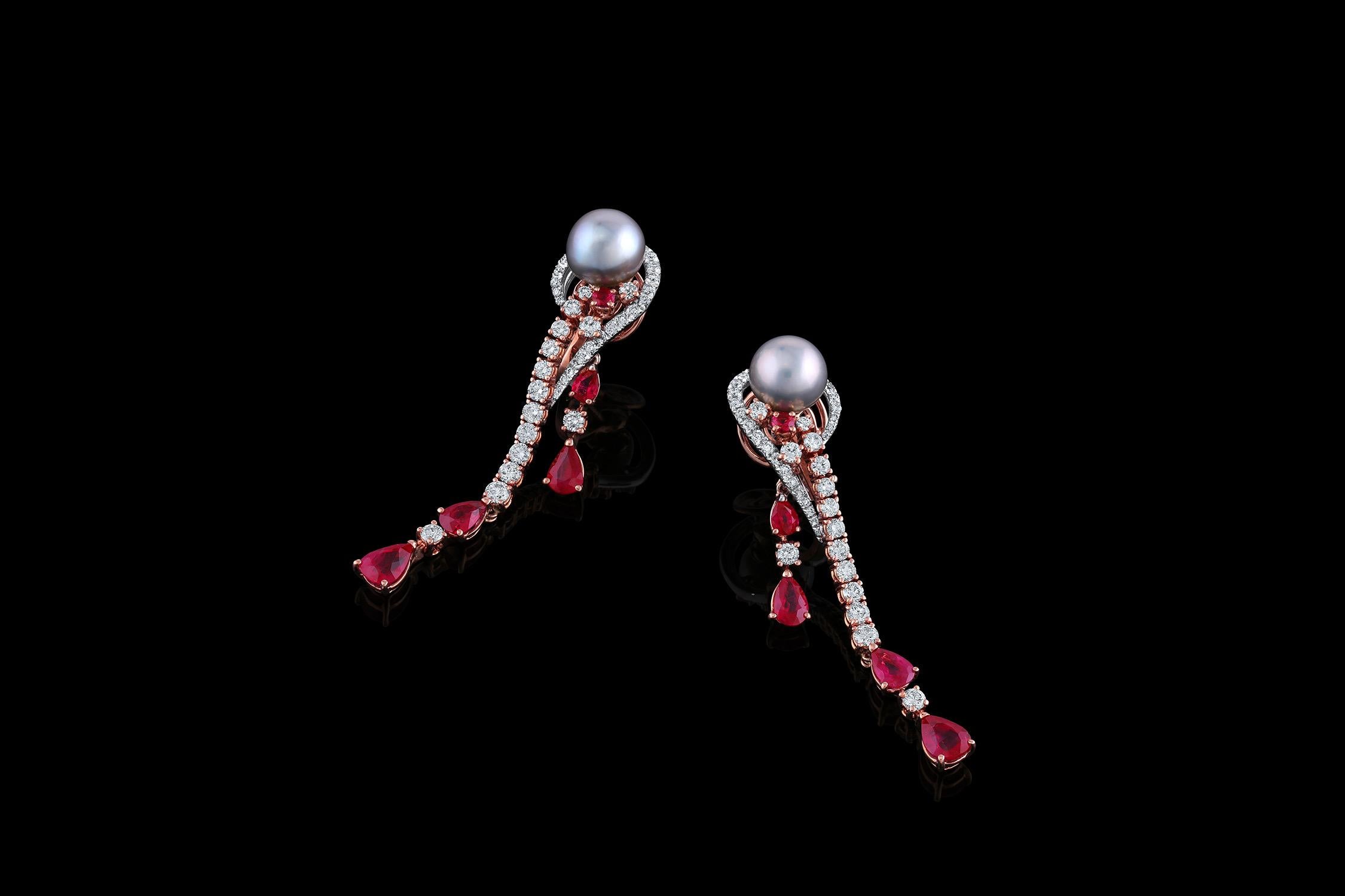 Contemporary Akoya Pearls & Ruby Earrings in 18K White Gold  In New Condition For Sale In Oakton, VA