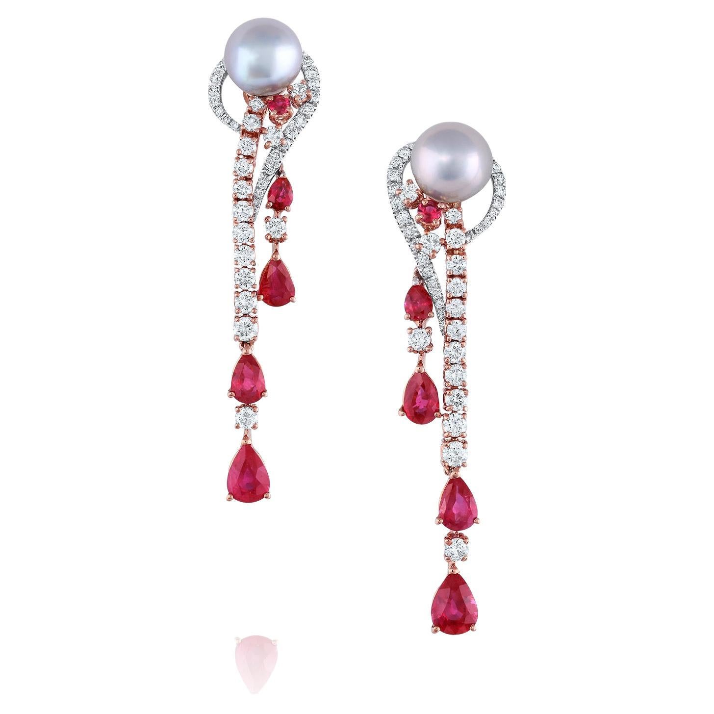 Boucles d'oreilles contemporaines Akoya en or blanc 18 carats, perles et rubis 