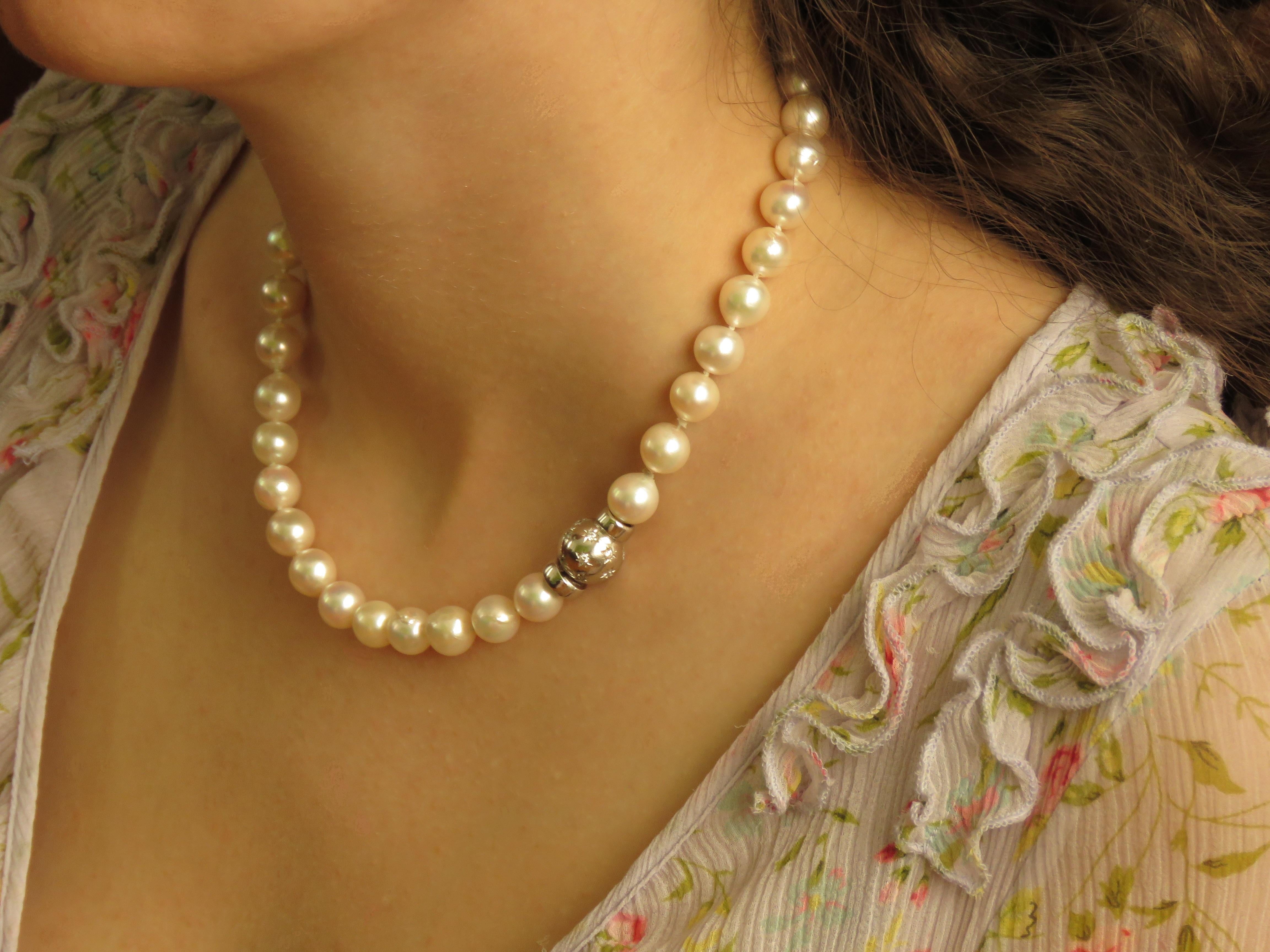 italian white gold trillium akoya pearl and white diamond necklace