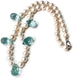 Akoya Pearls with Faceted Blue Topaz Briolettes and 18 Karat Gold Lobster Clasp