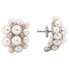 Akoya Pearls with White Diamonds on White Gold 18 Karat Earrings