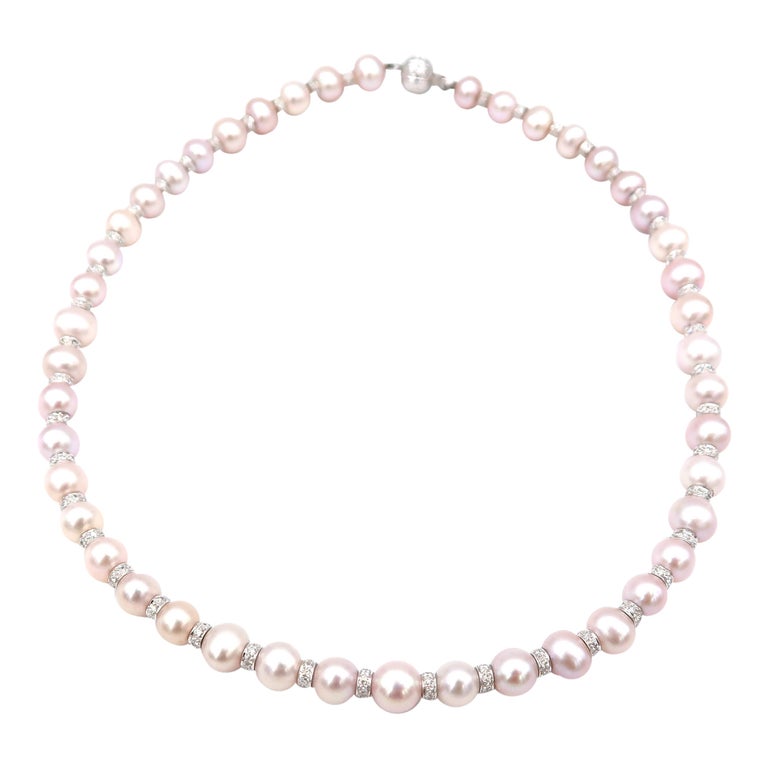Akoya Pink Pearl Single Strand Necklace with Diamond Spacers in Between ...
