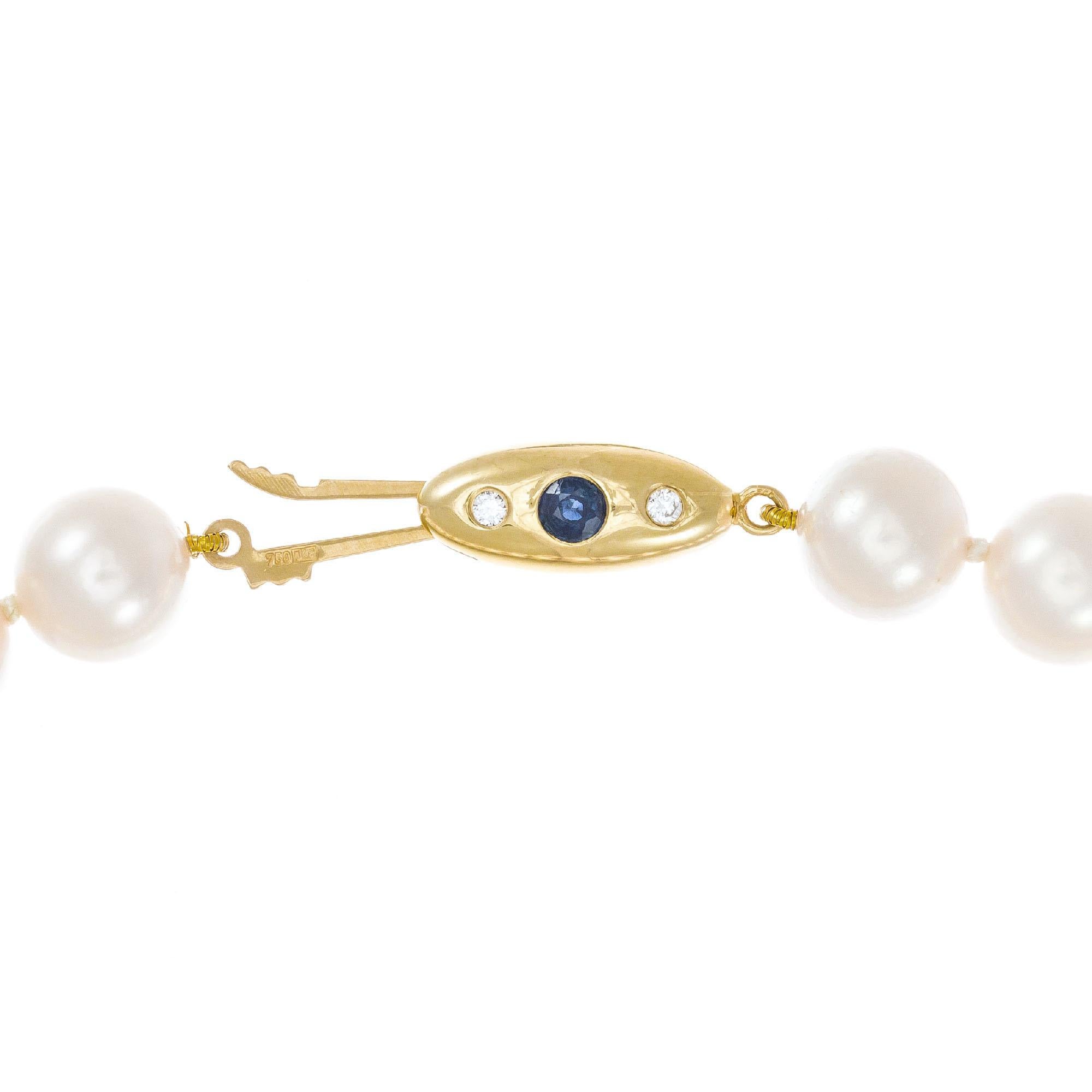 Round Cut Akoya Sapphire Diamond Yellow Gold Pearl Necklace For Sale