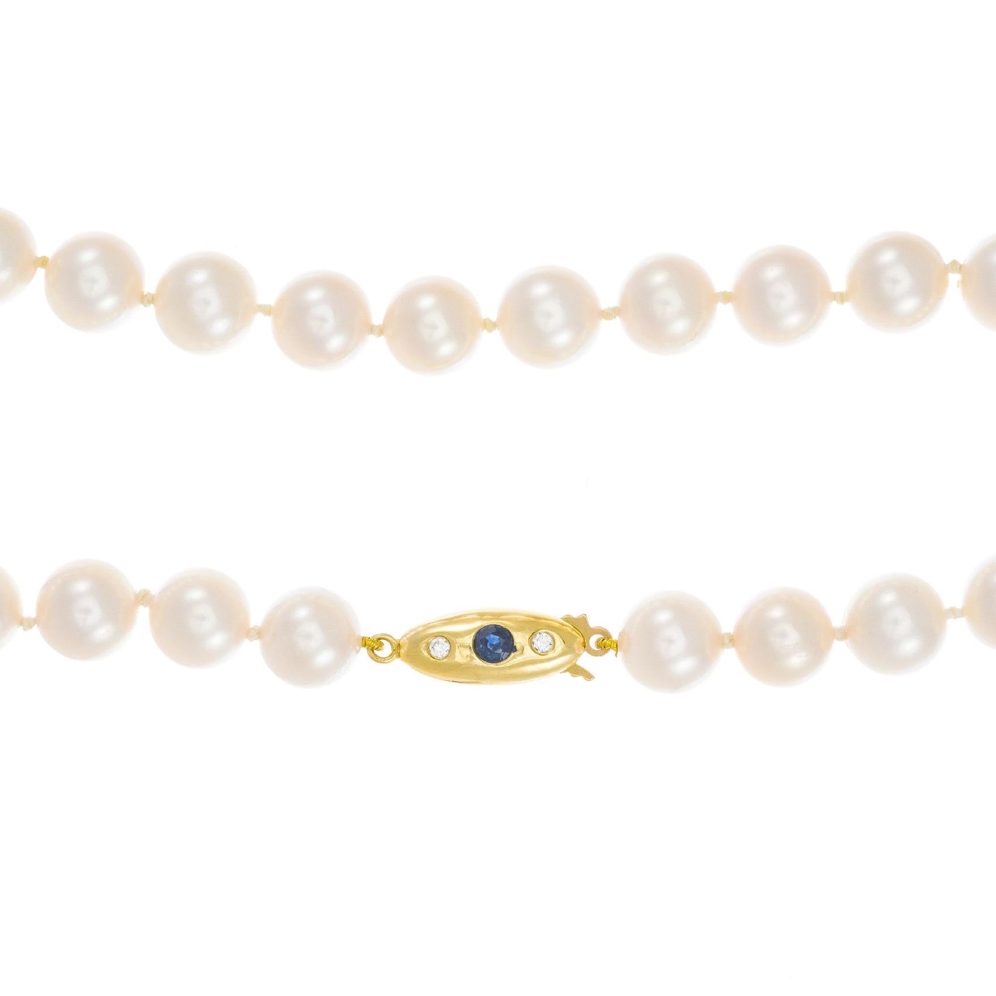 Women's or Men's Akoya Sapphire Diamond Yellow Gold Pearl Necklace For Sale