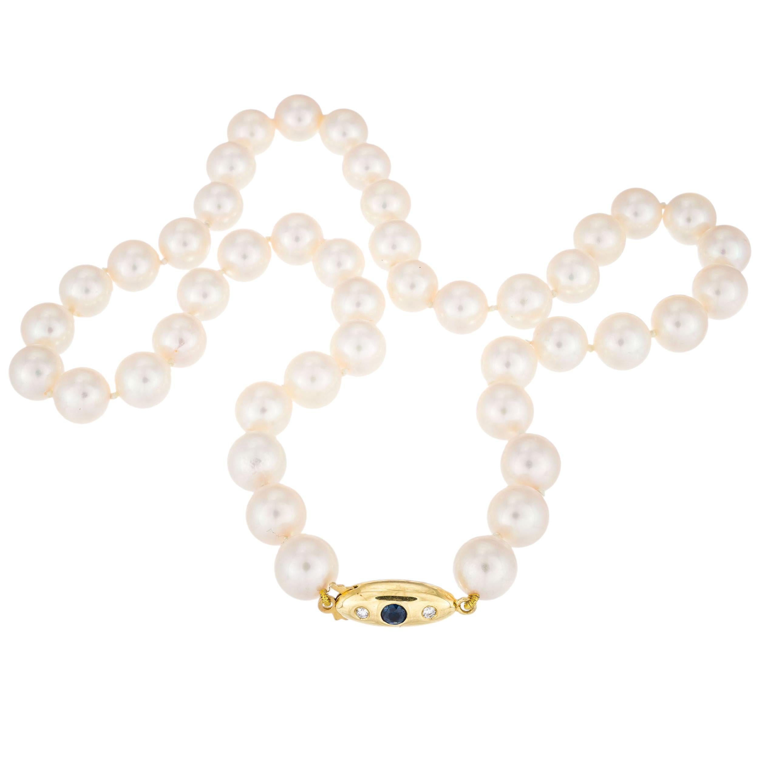 Akoya Sapphire Diamond Yellow Gold Pearl Necklace For Sale