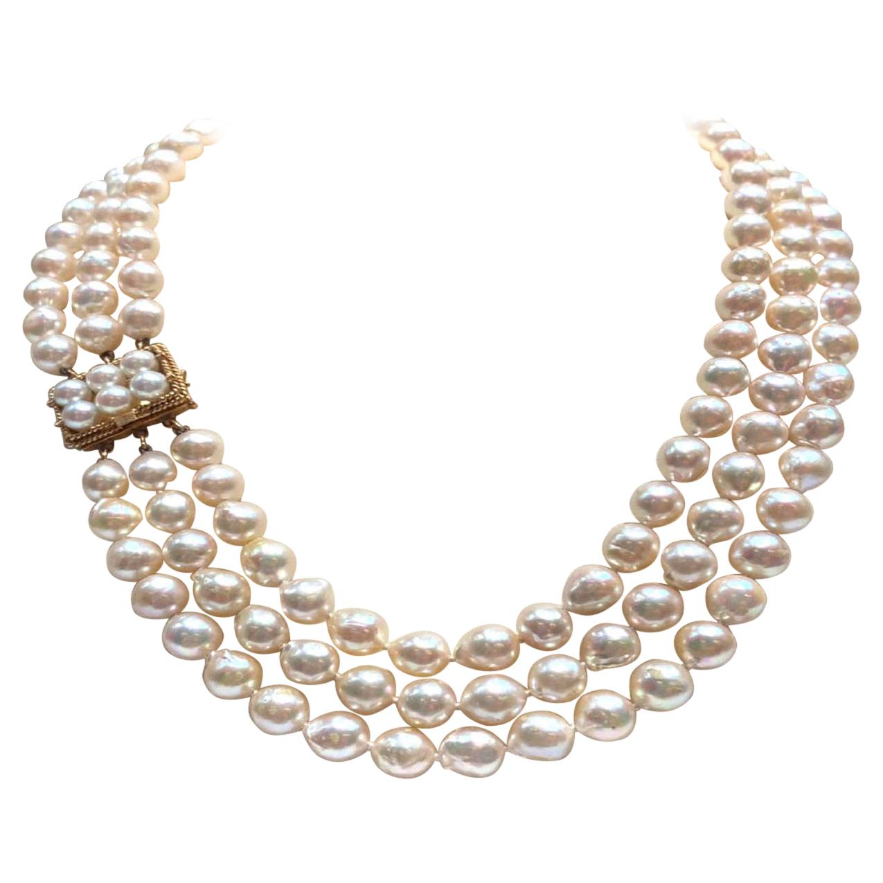 Akoya Semi Baroque Pearls 14k Yellow Gold Clasp For Sale