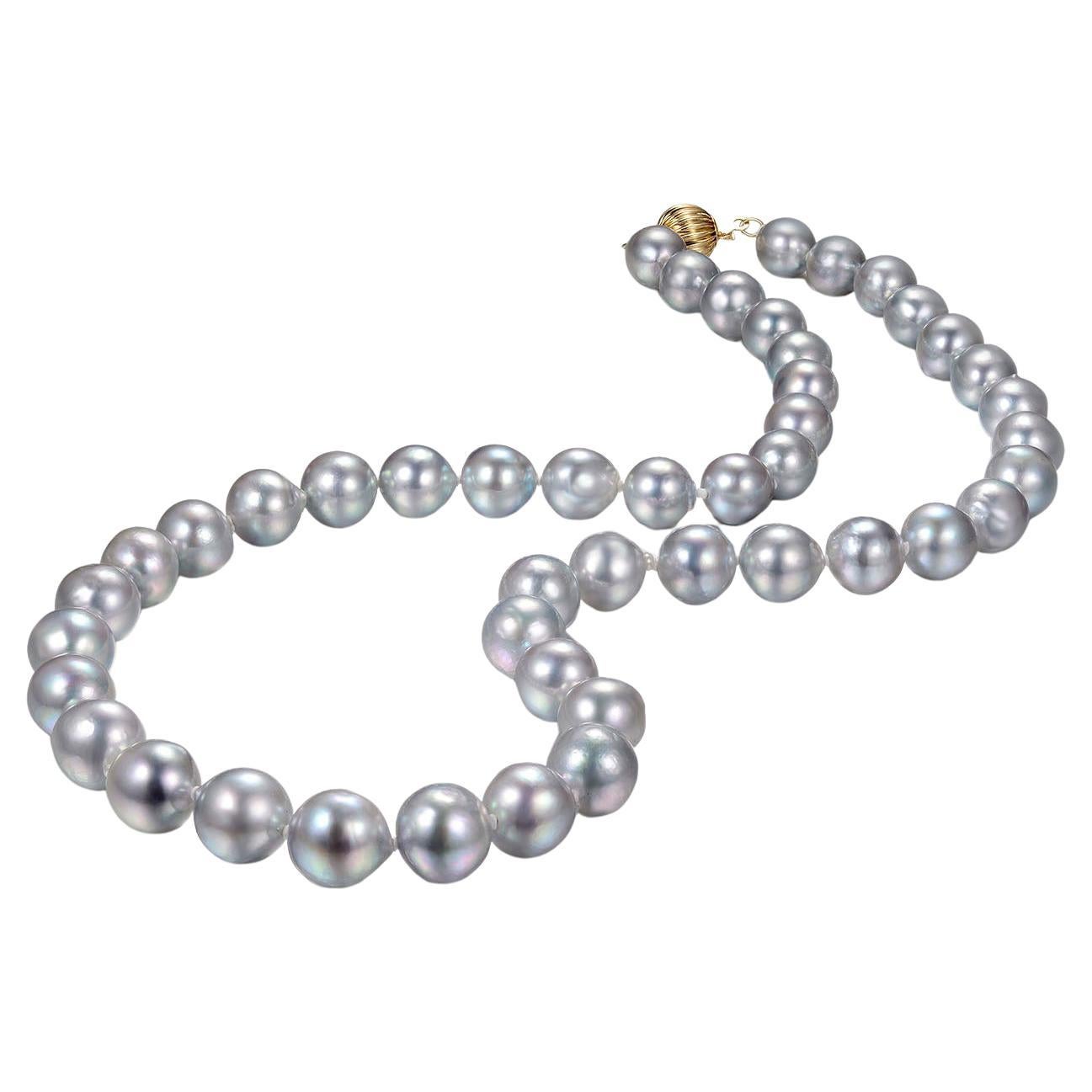 This pearl necklace features Akoya AA+ grade silver blue color baroque pearl. Each pearl range from 8-9mm. Absolutely great luster through out the entire necklace. 
The most famous and traditional Akoya pearl color is White, which itself is tinged