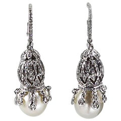 Akoya, South Sea Salt Water Pearl and Diamond Earrings Set in White Gold "750"