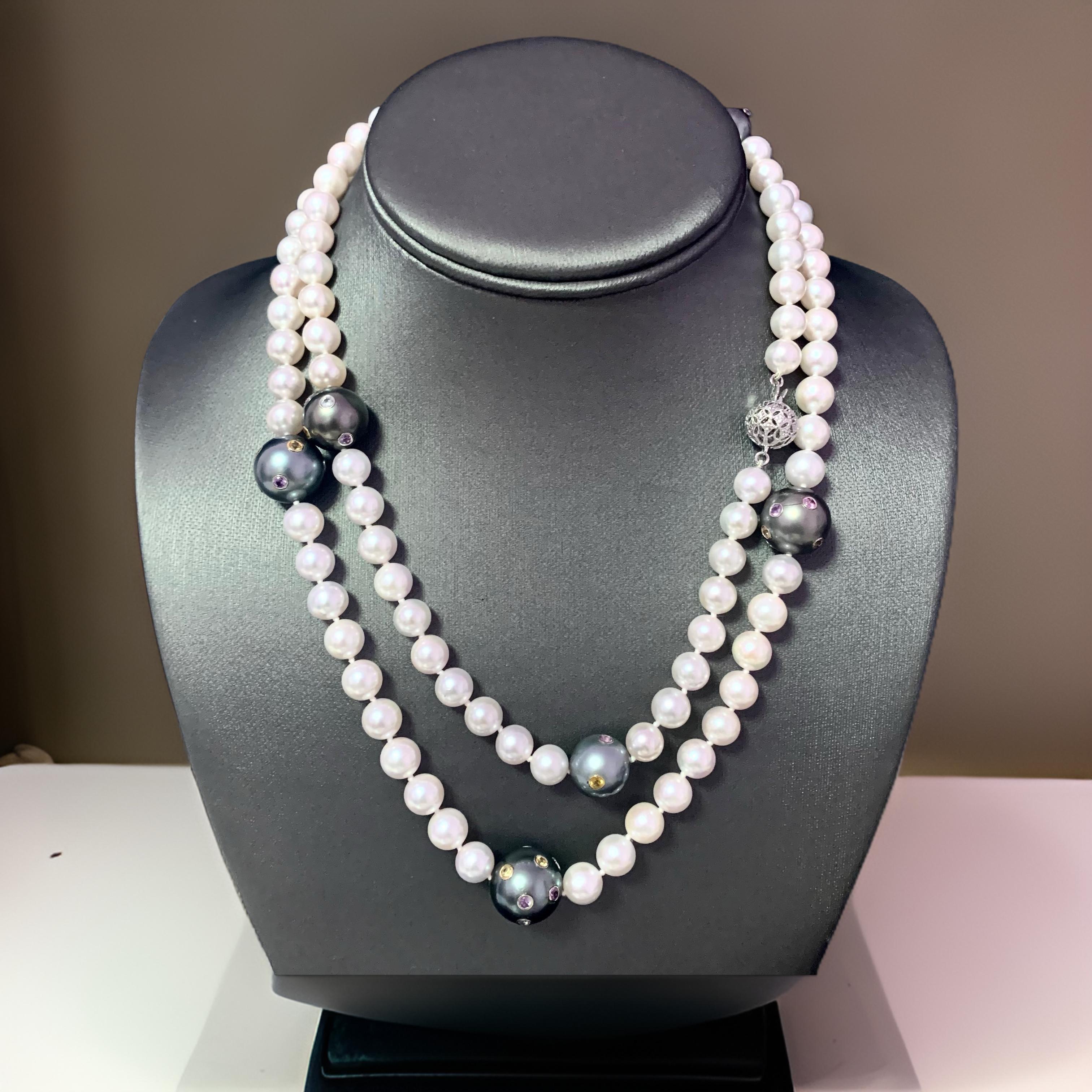 Akoya Tahitian Pearl Diamond Sapphire Necklace 14k Gold Certified For Sale 5