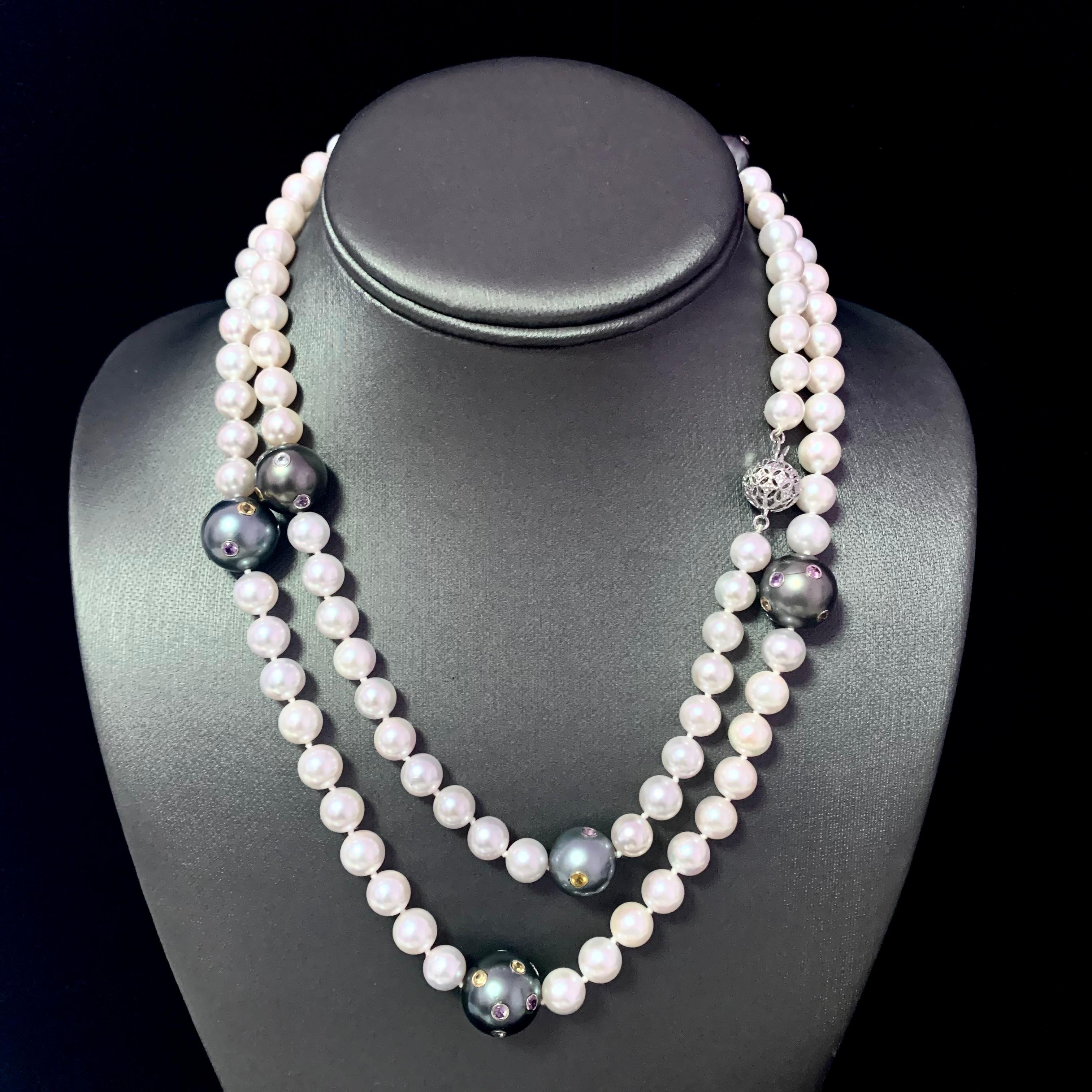 Akoya Tahitian Pearl Diamond Sapphire Necklace 14k Gold Certified For Sale 8