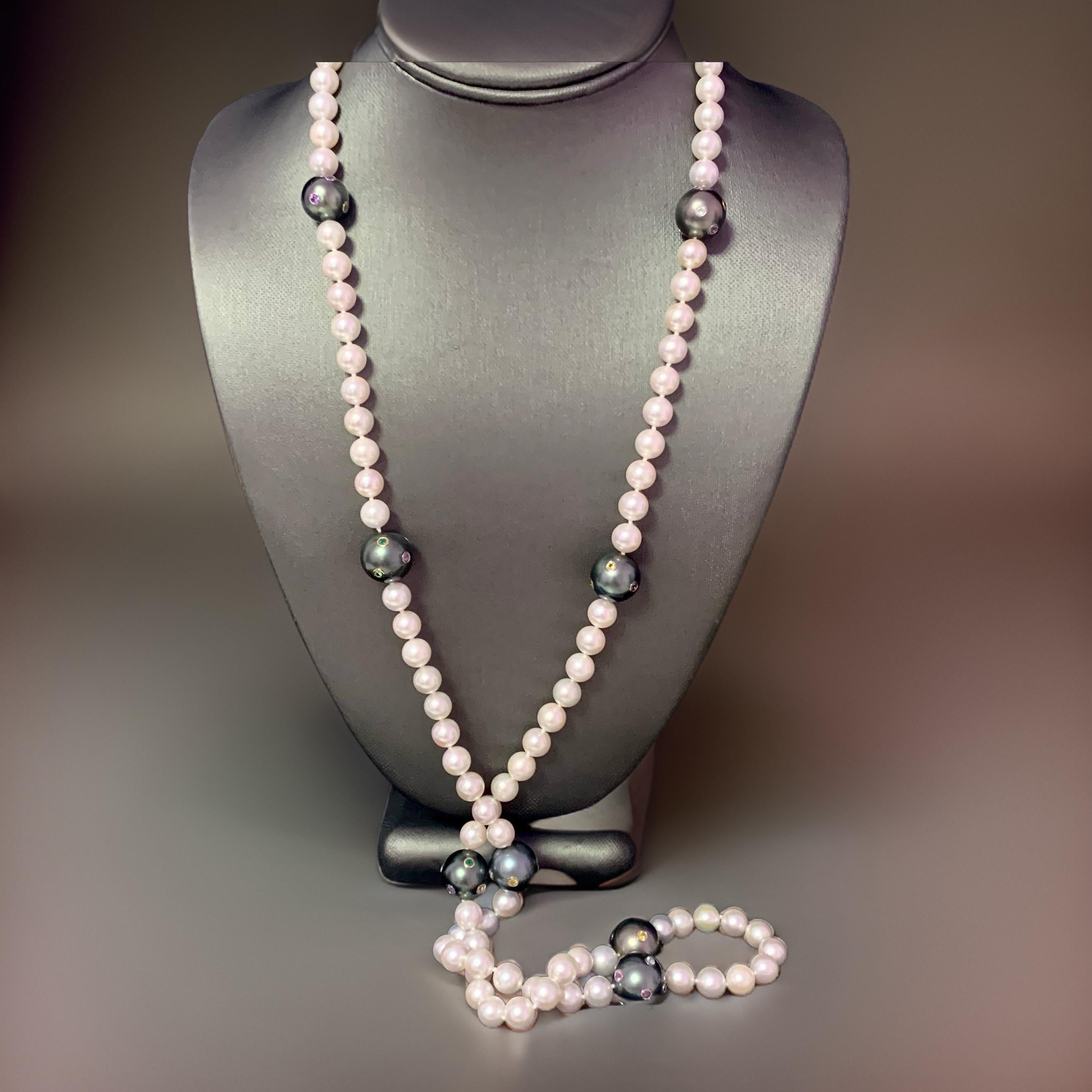Women's Akoya Tahitian Pearl Diamond Sapphire Necklace 14k Gold Certified For Sale