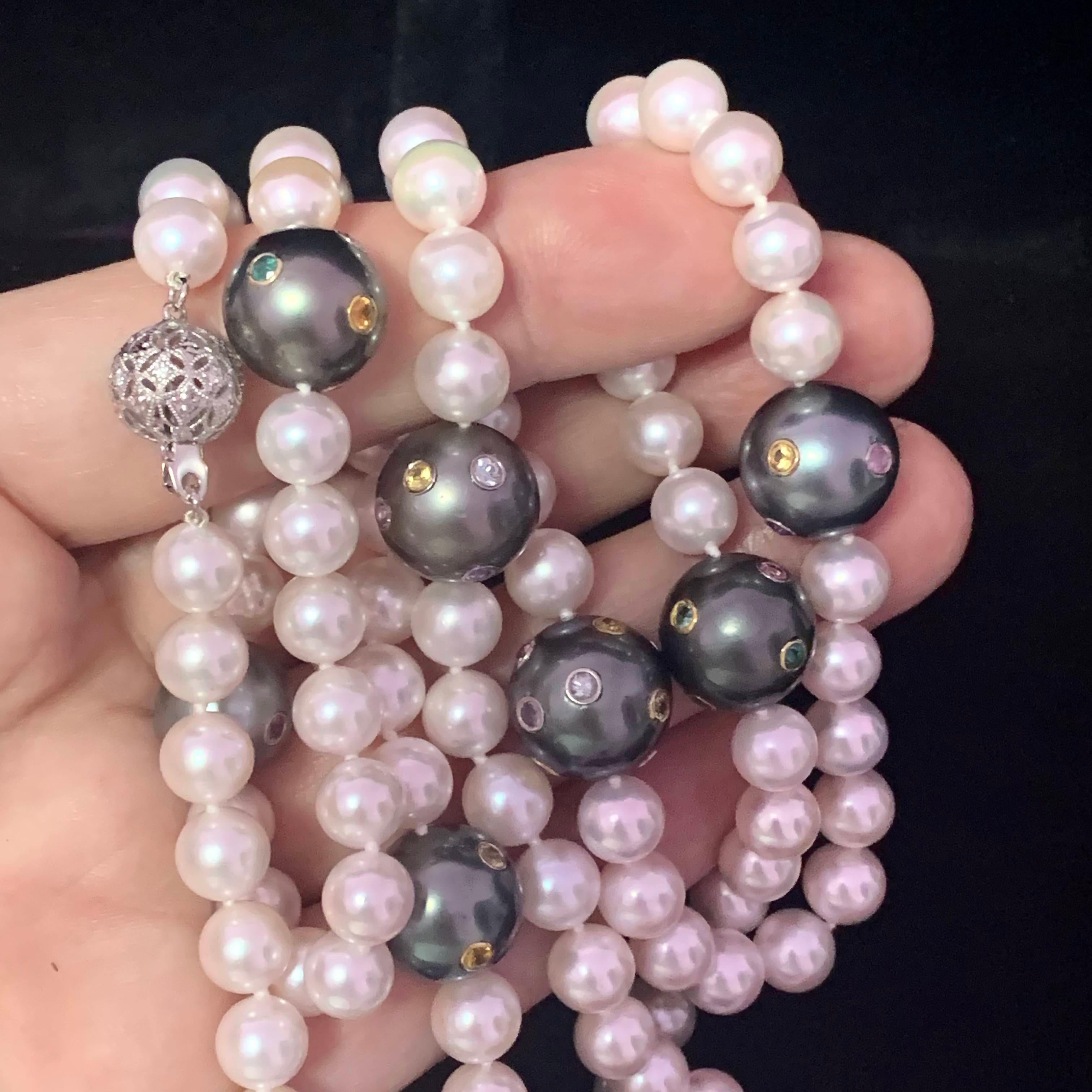 Akoya Tahitian Pearl Diamond Sapphire Necklace 14k Gold Certified For Sale 1
