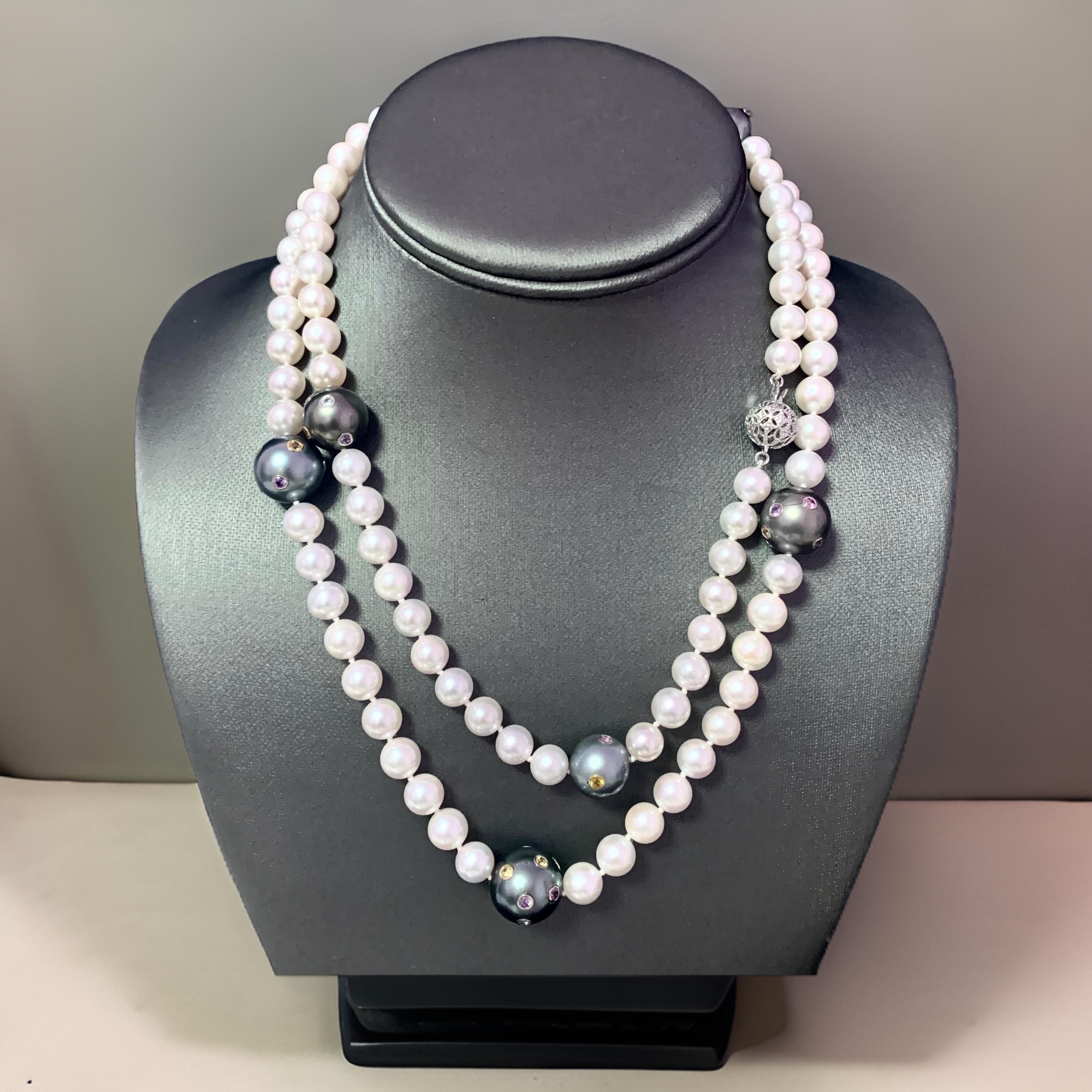 Akoya Tahitian Pearl Diamond Sapphire Necklace 14k Gold Certified For Sale 2