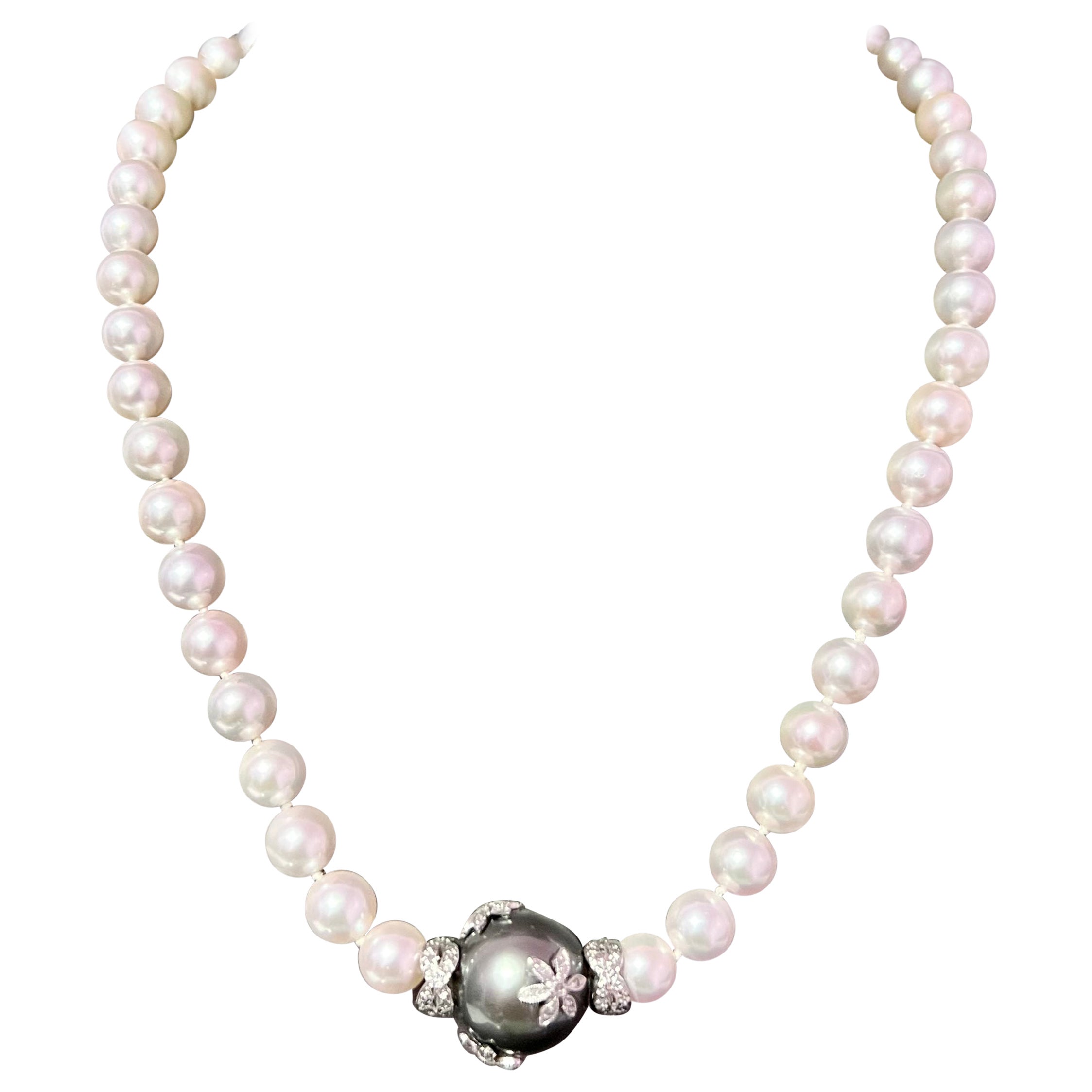 Akoya & Tahitian Pearl Necklace with Diamond 17" 14k W Gold Certified
