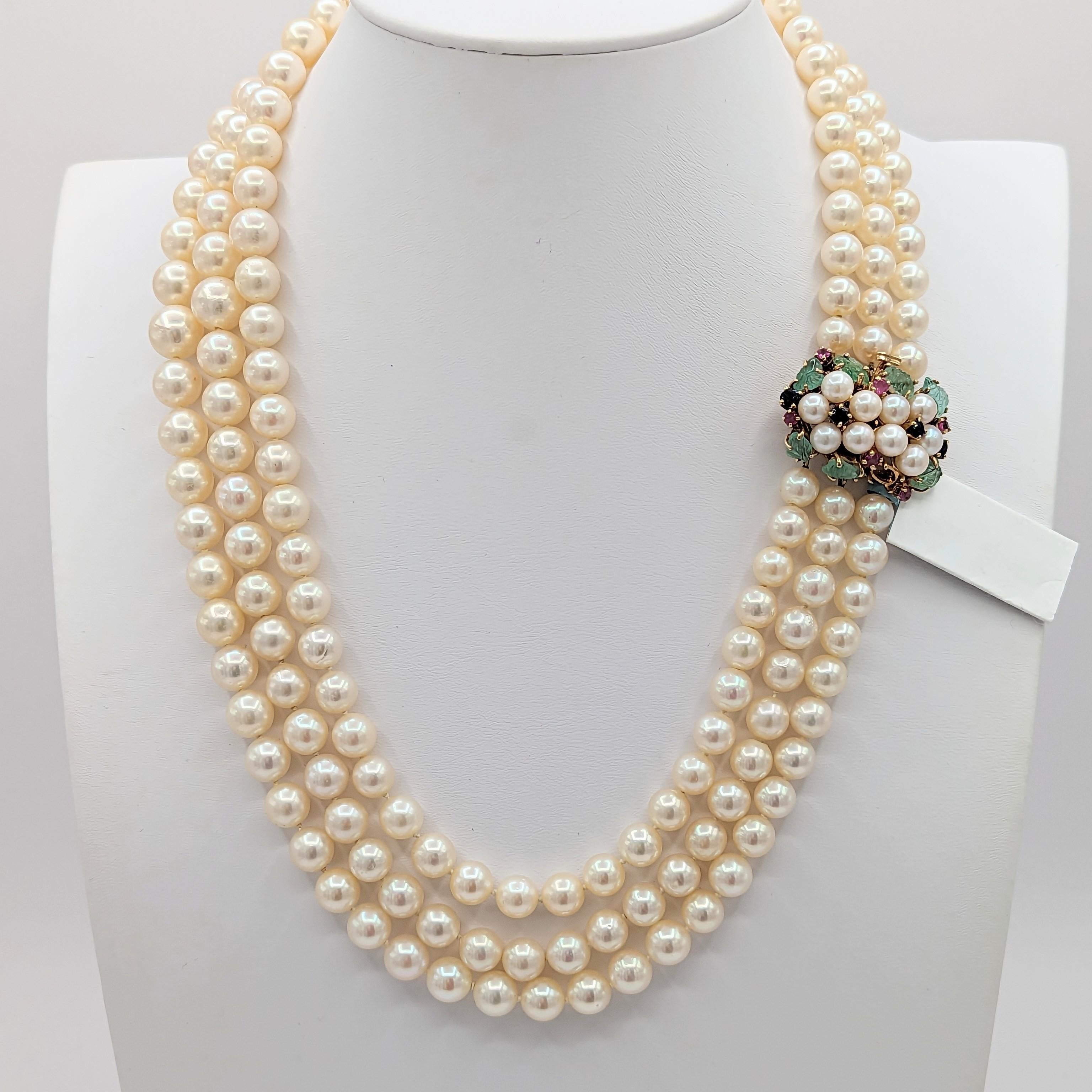 Akoya White Pearl and Carved Multi-Gemstone Necklace in 14K Yellow Gold For Sale 2