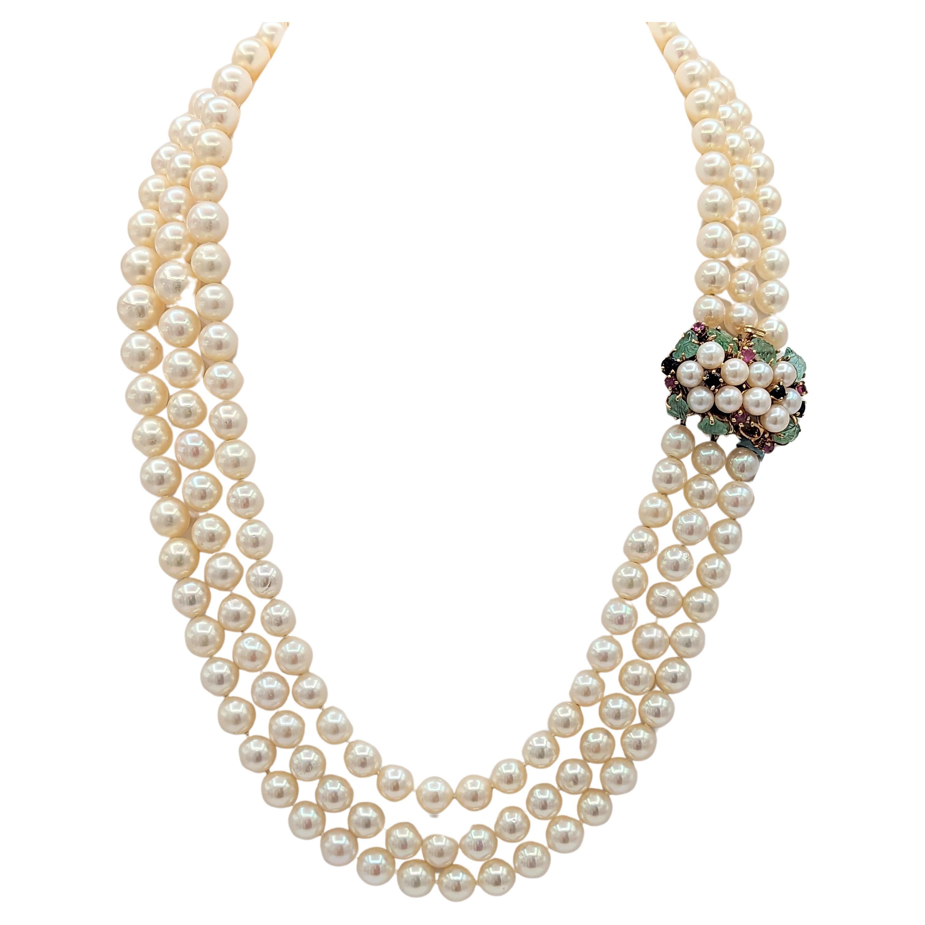 Akoya White Pearl and Carved Multi-Gemstone Necklace in 14K Yellow Gold For Sale