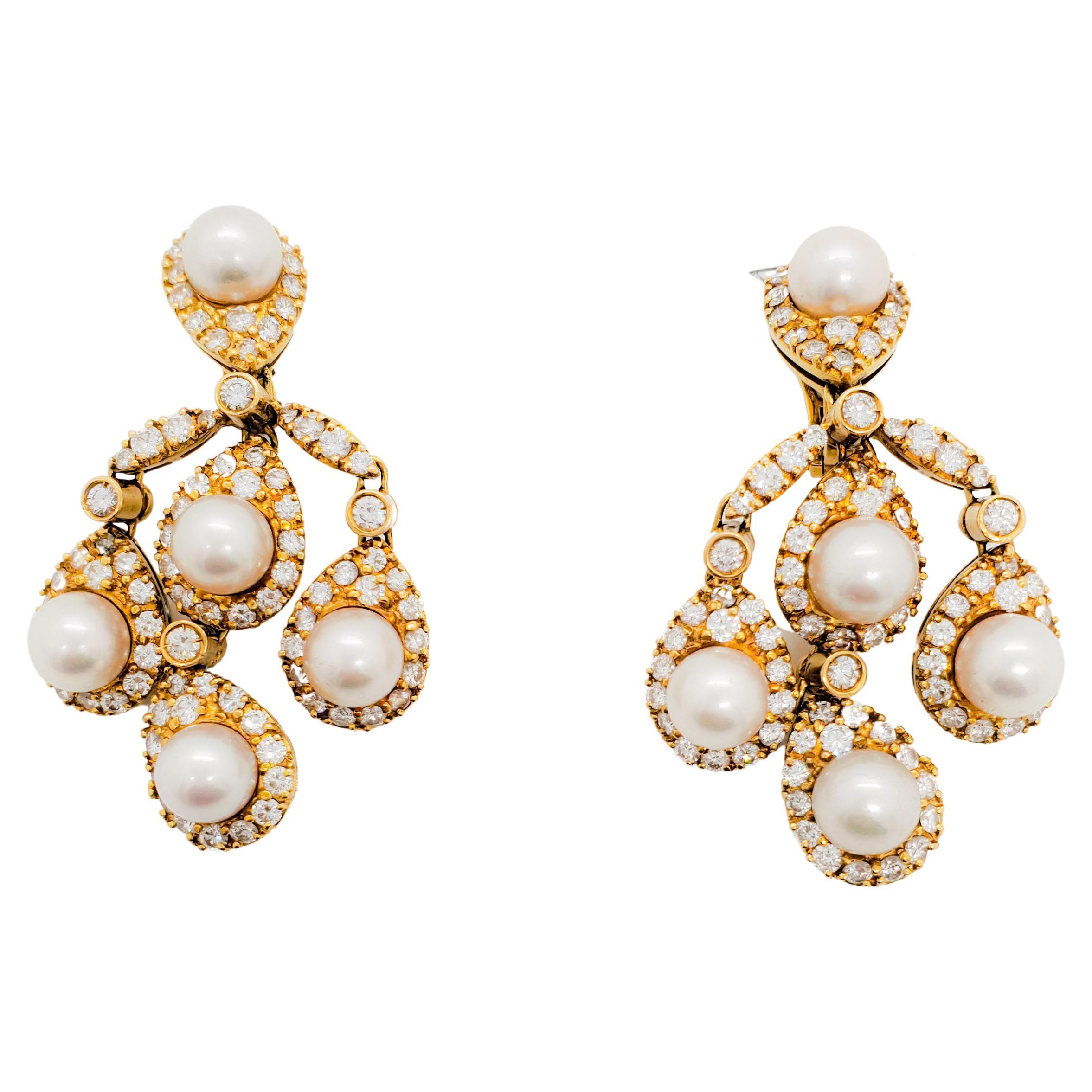 Akoya White Pearl and Diamond Dangle Earrings in 18k Yellow Gold
