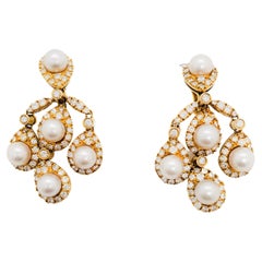 Akoya White Pearl and Diamond Dangle Earrings in 18k Yellow Gold