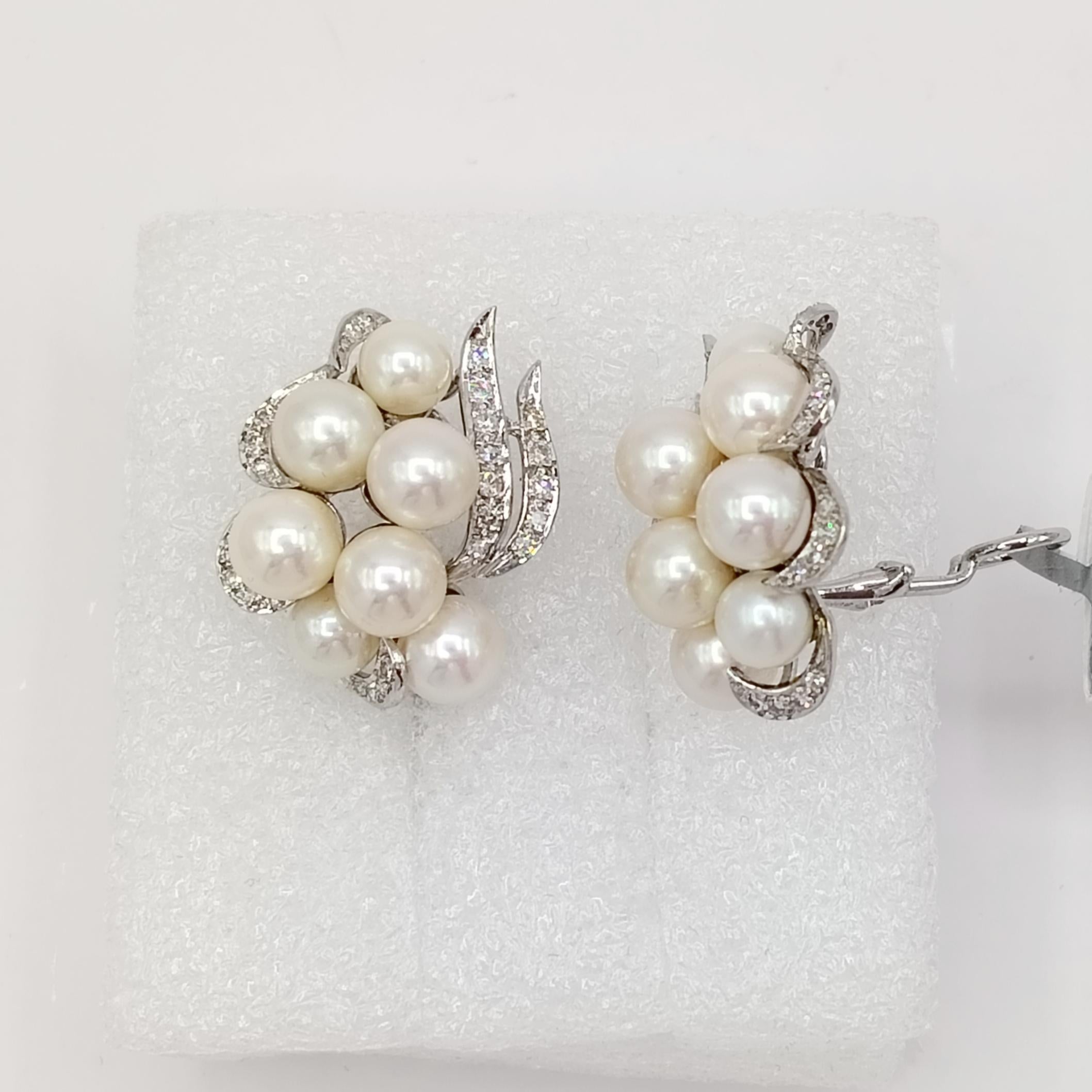 Akoya White Pearl and White Diamond Cluster Earrings in 14K White Gold In New Condition In Los Angeles, CA