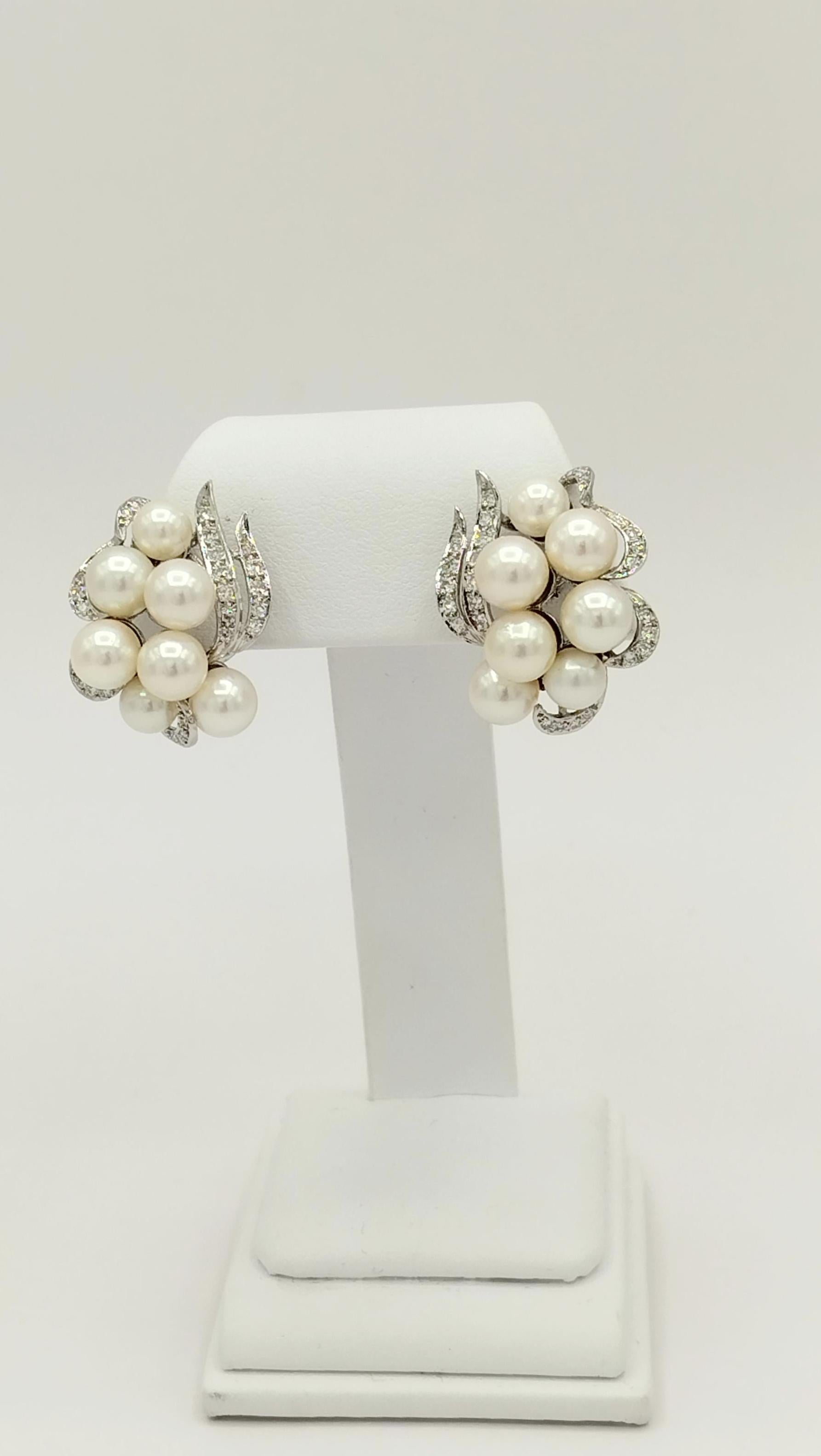 Women's or Men's Akoya White Pearl and White Diamond Cluster Earrings in 14K White Gold