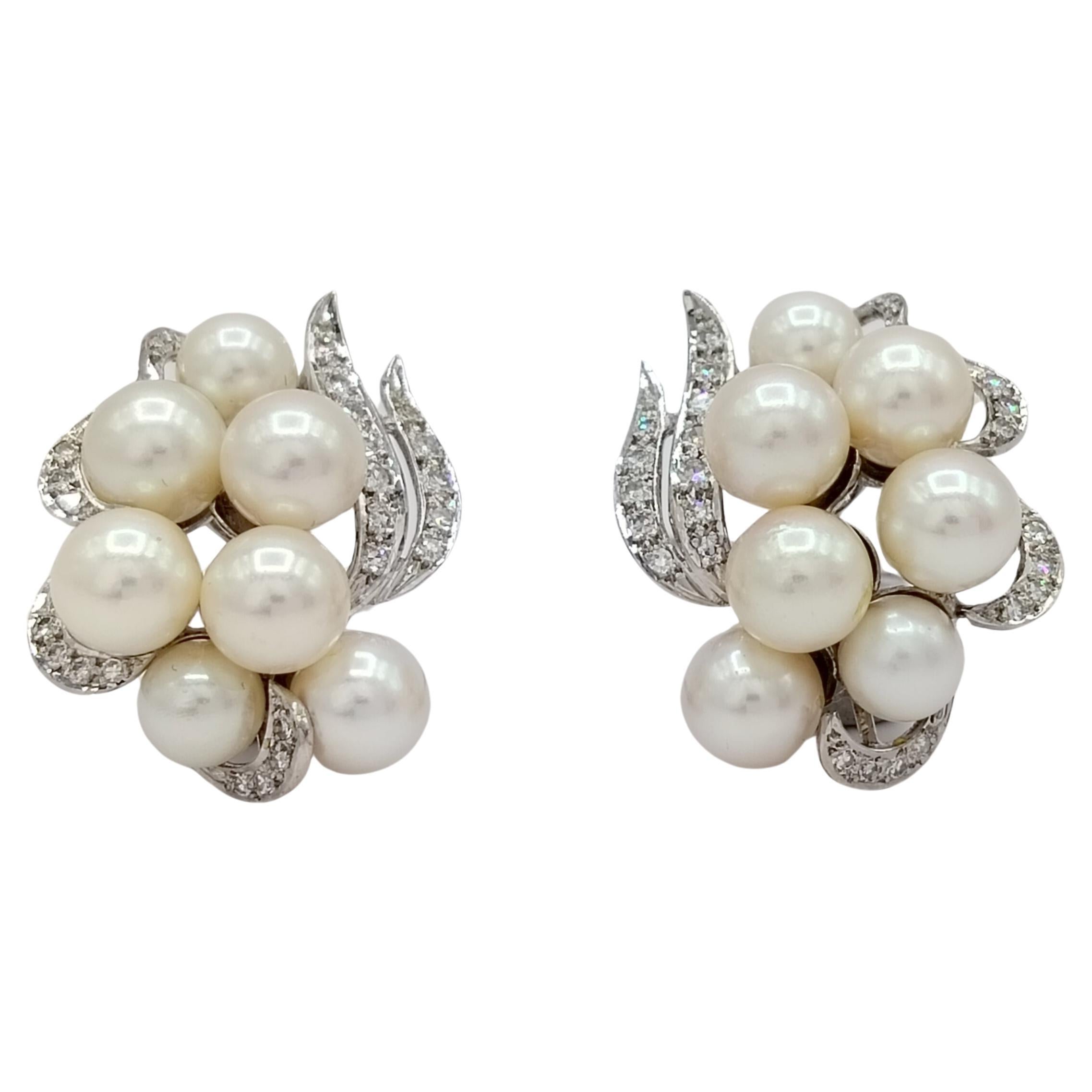 Akoya White Pearl and White Diamond Cluster Earrings in 14K White Gold