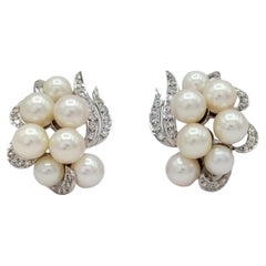 Boucles d'oreilles Akoya en or blanc 14 carats, perles blanches et diamants blancs en grappe