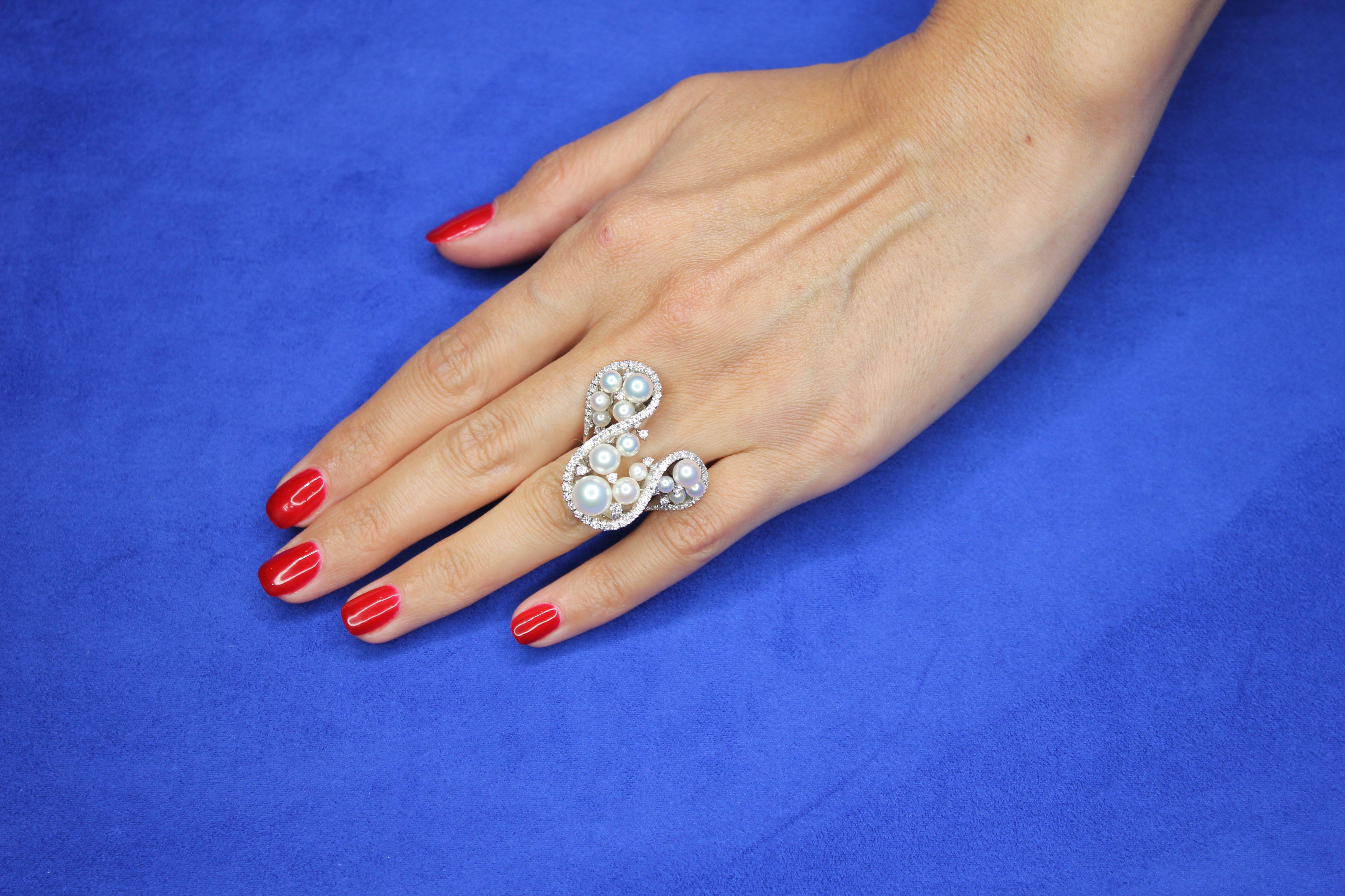 Akoya White Pearl Grape Luxury Cocktail Pave Elegant 18K White Gold Diamond Ring For Sale 7