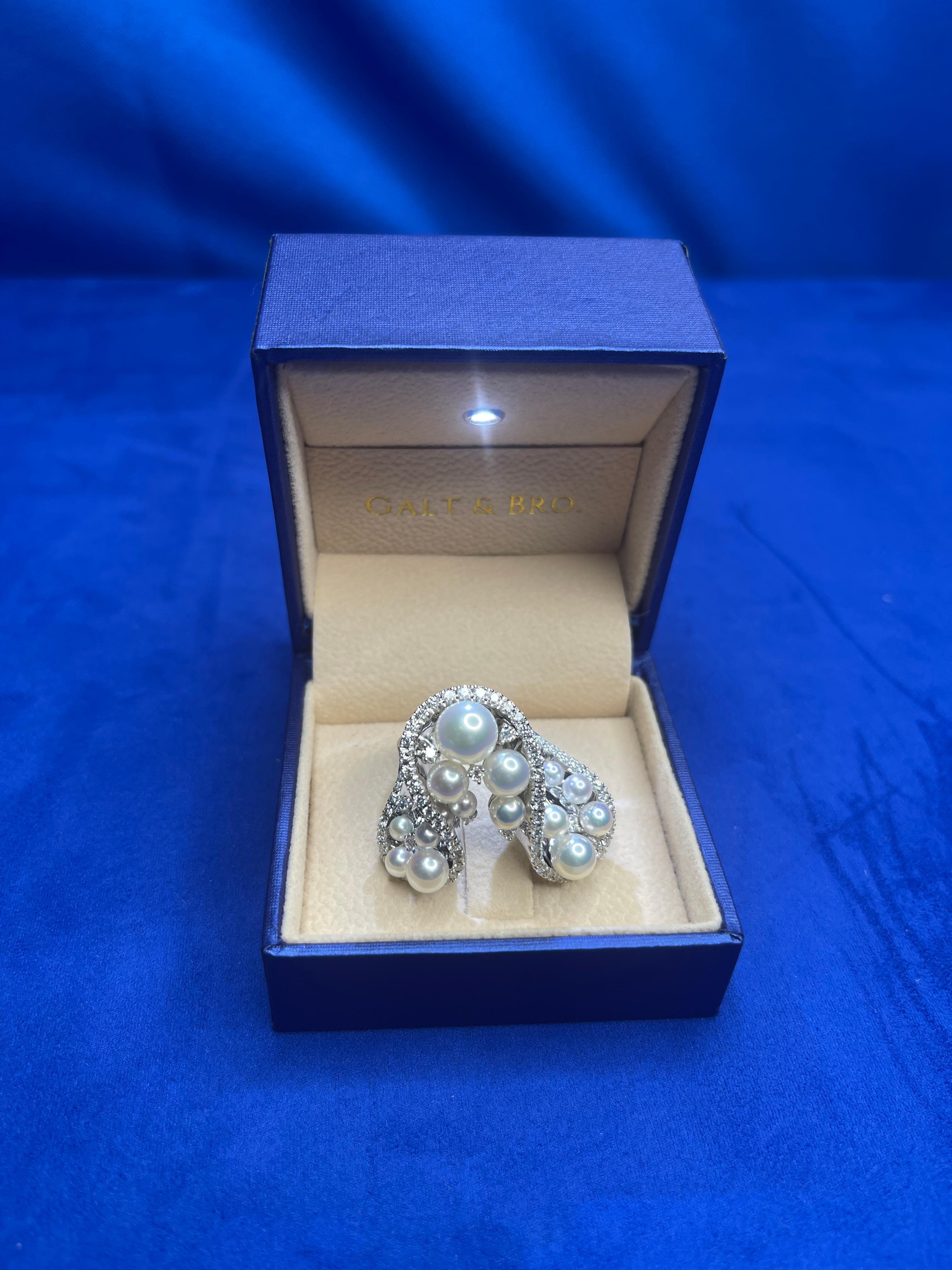 Akoya White Pearl Grape Luxury Cocktail Pave Elegant 18K White Gold Diamond Ring For Sale 3