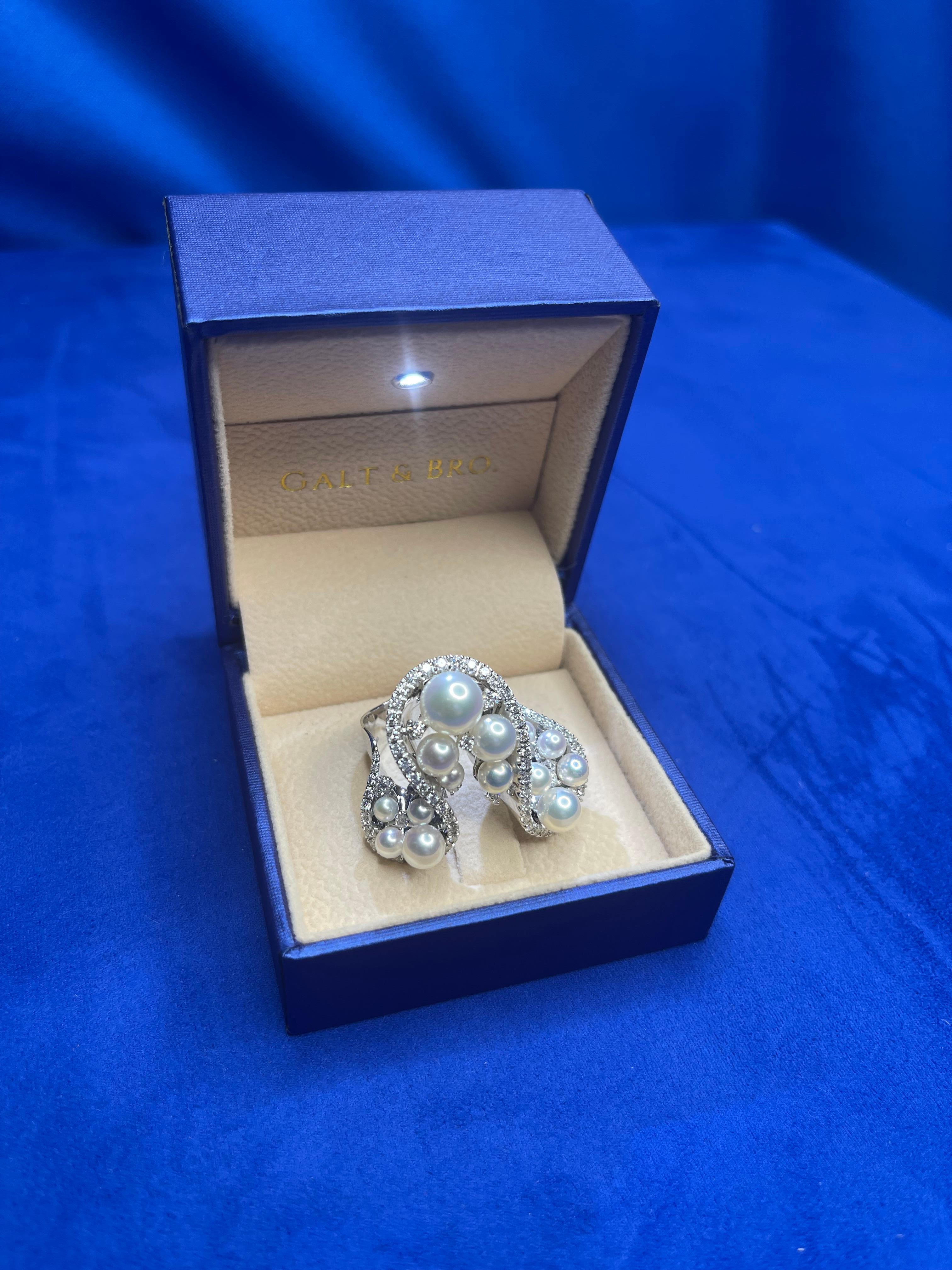 Akoya White Pearl Grape Luxury Cocktail Pave Elegant 18K White Gold Diamond Ring For Sale 4