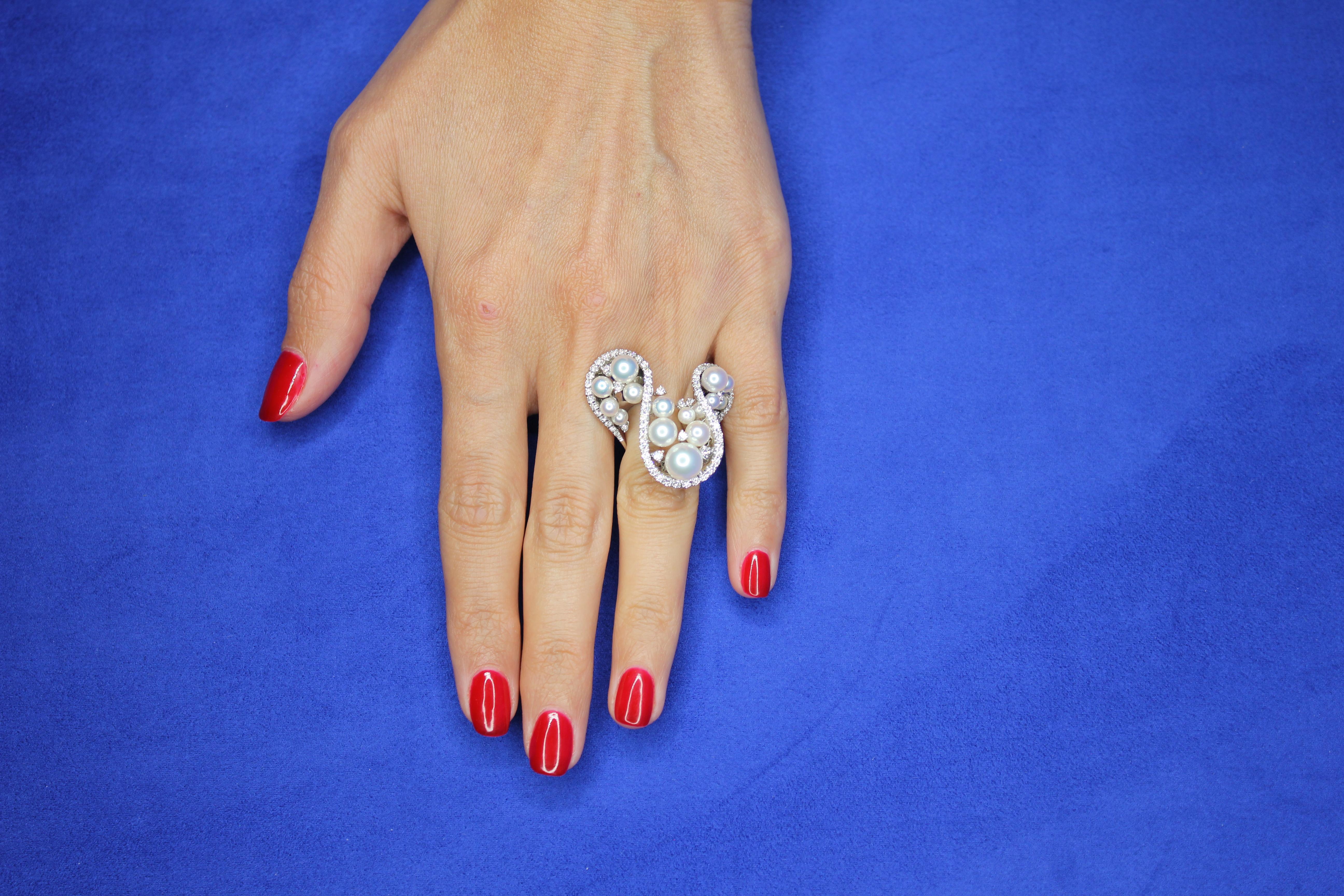 Akoya White Pearl Grape Luxury Cocktail Pave Elegant 18K White Gold Diamond Ring For Sale 6